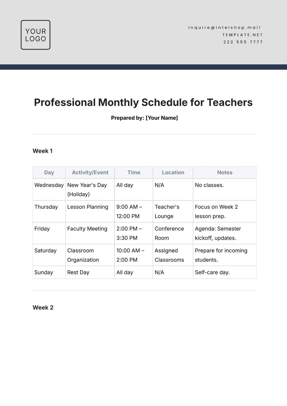 Free Professional Monthly Schedule for Teachers Template