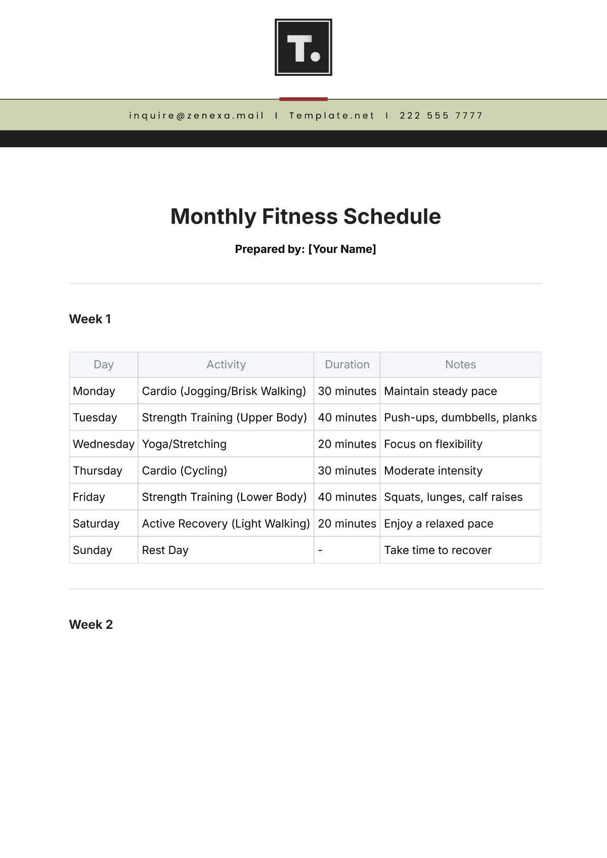 Free Monthly Fitness Schedule Template