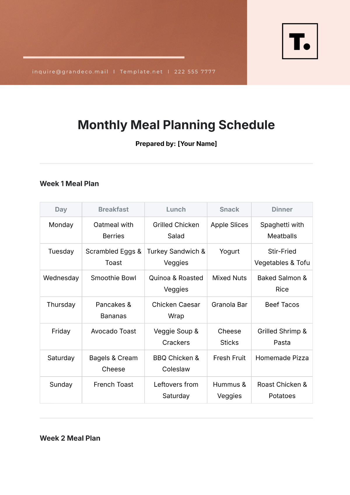 Free Monthly Meal Planning Schedule Template