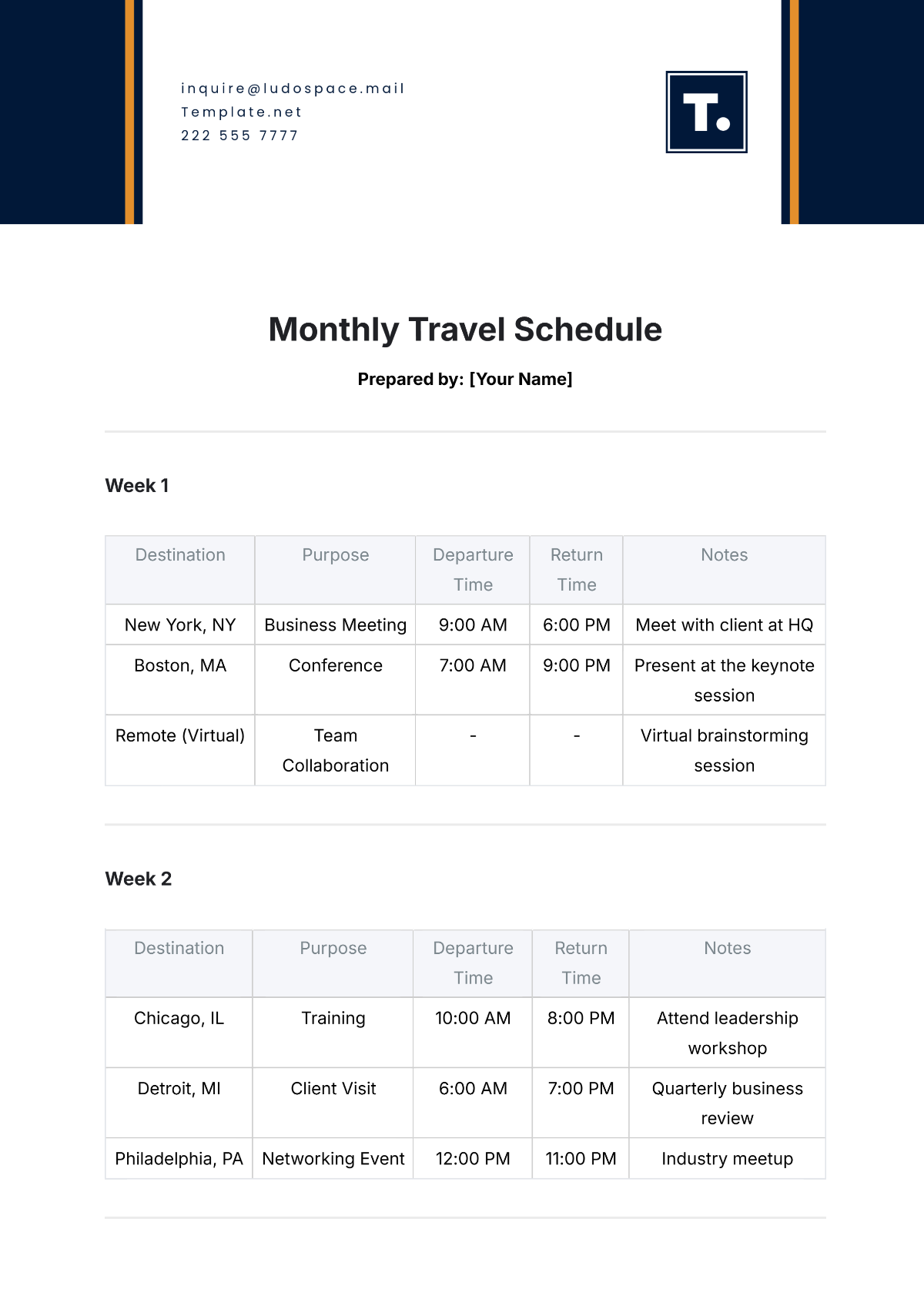 Free Monthly Travel Schedule Template