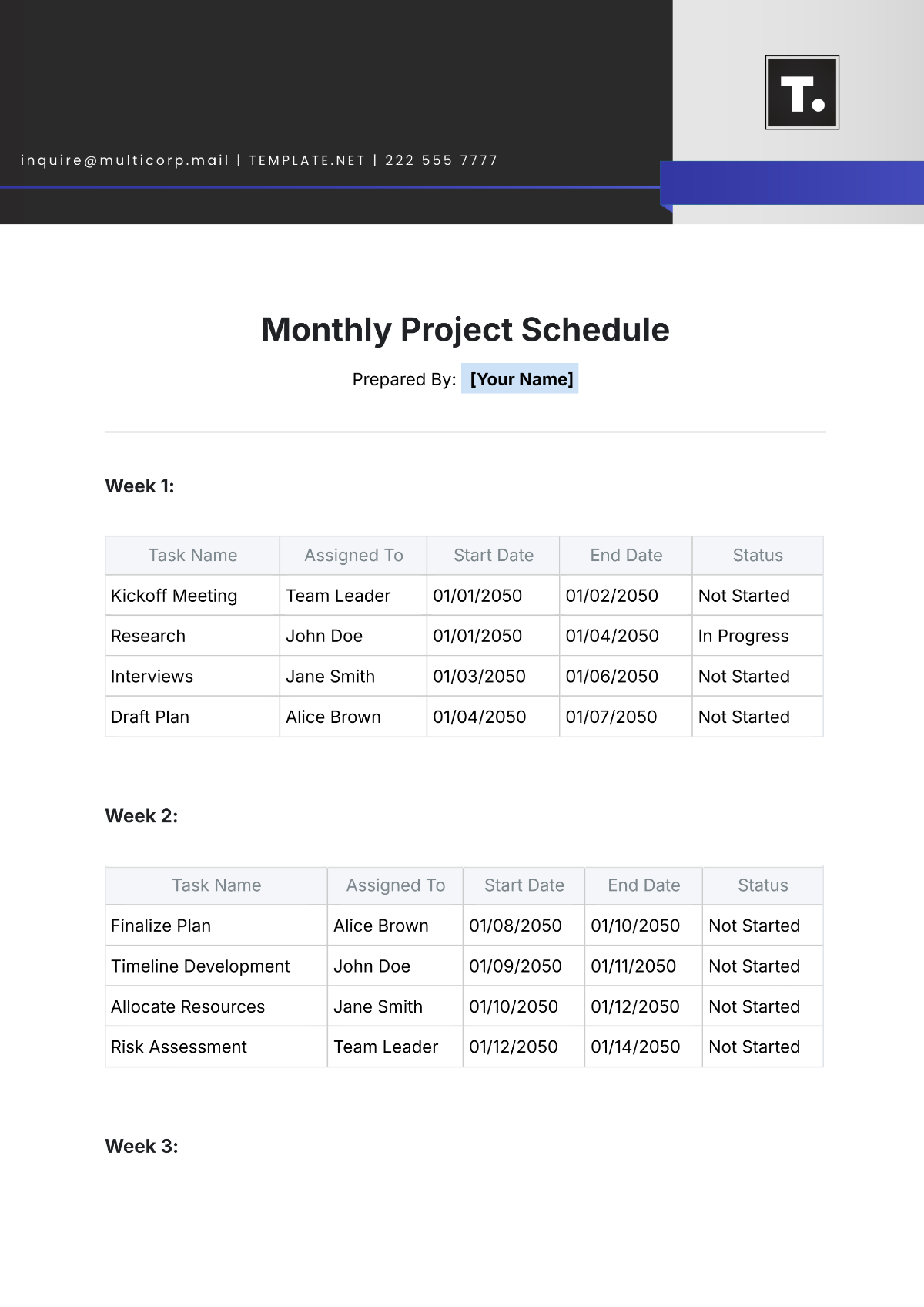 Free Monthly Project Schedule Template