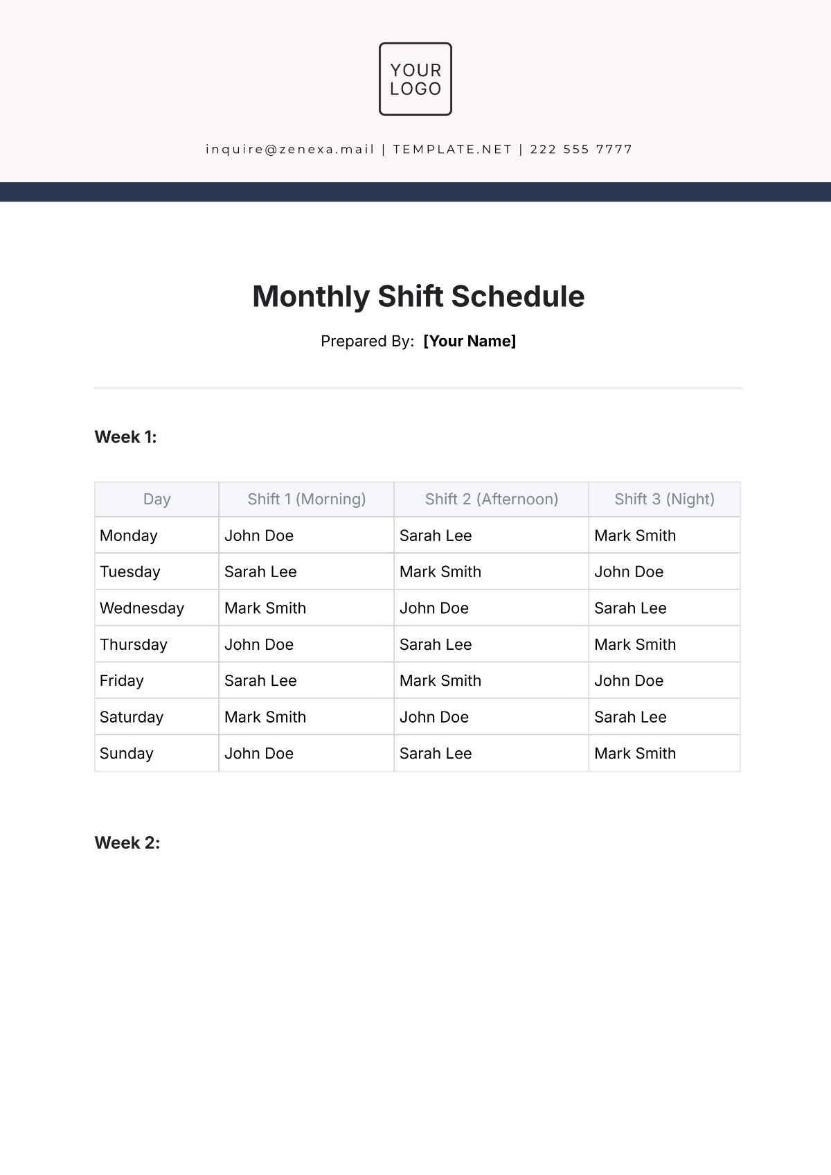 Free Monthly Shift Schedule Template