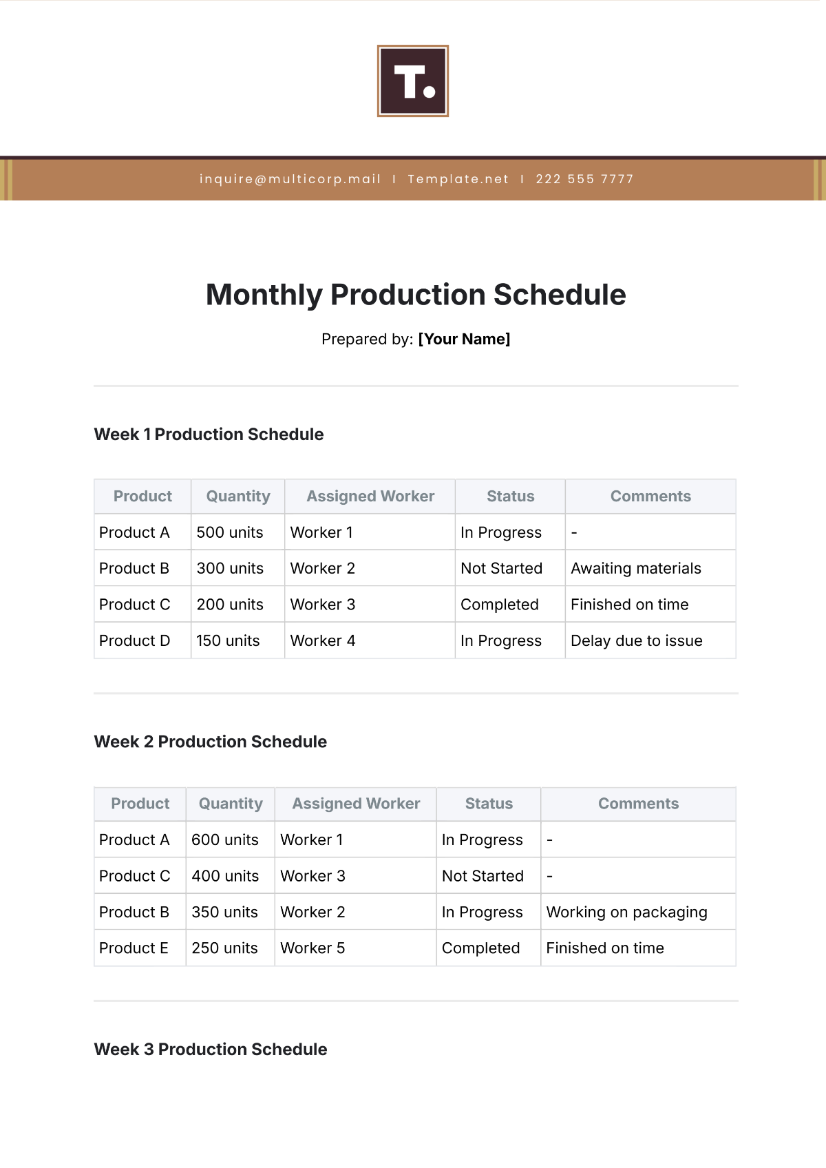 Free Monthly Production Schedule Template