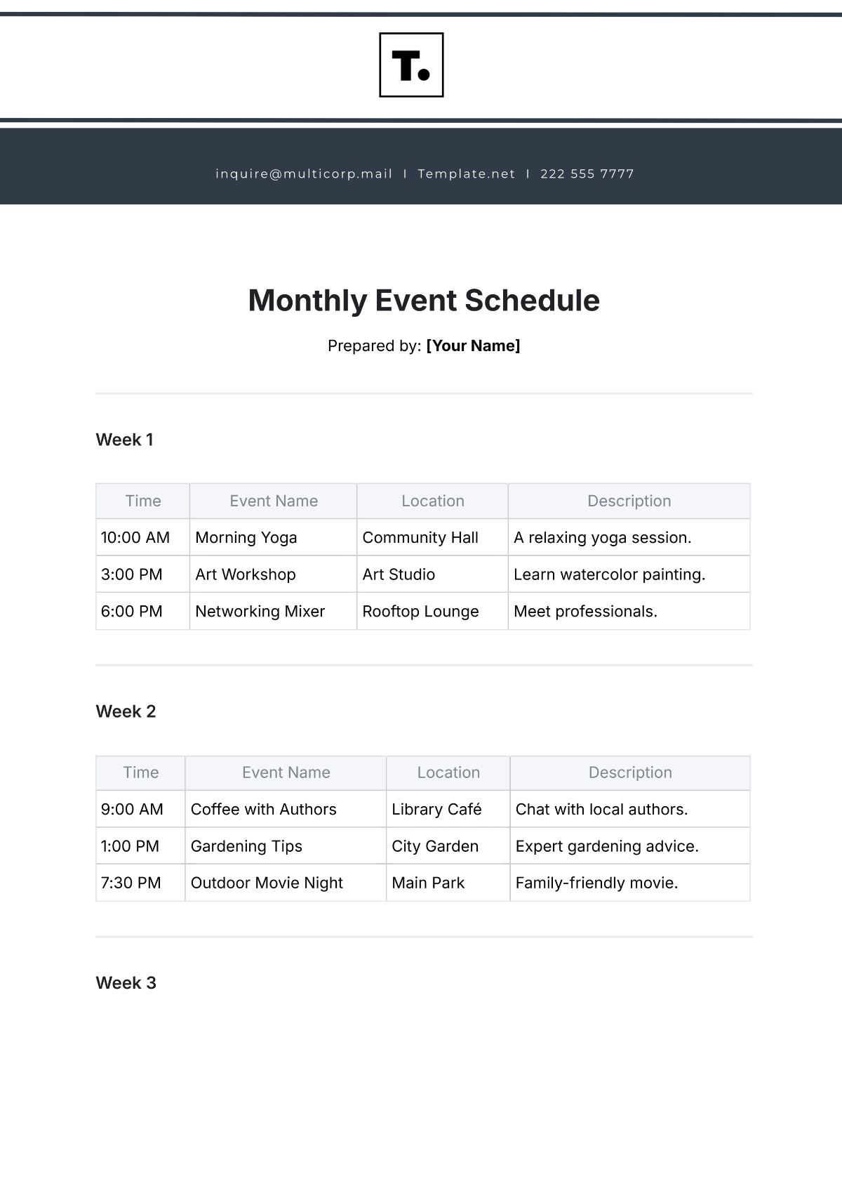 Free Monthly Event Schedule Template