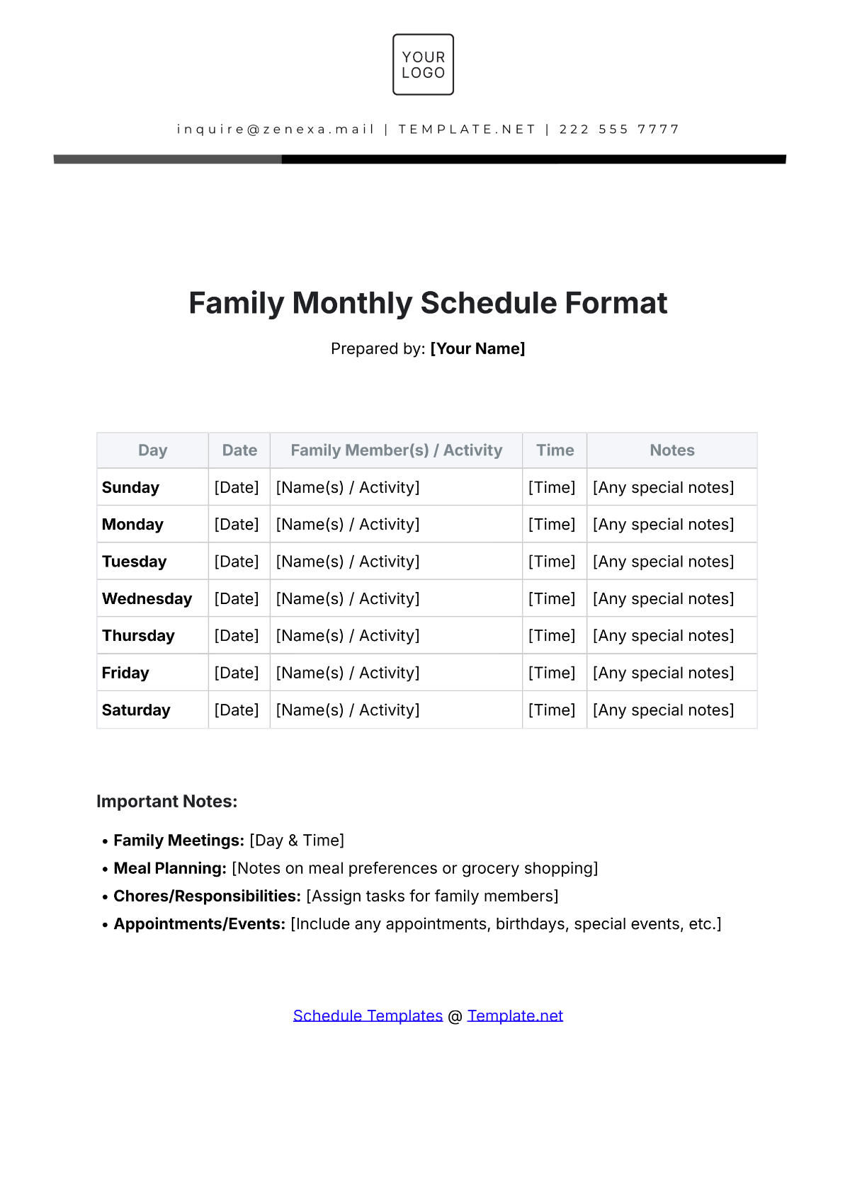 Free Family Monthly Schedule Format Template