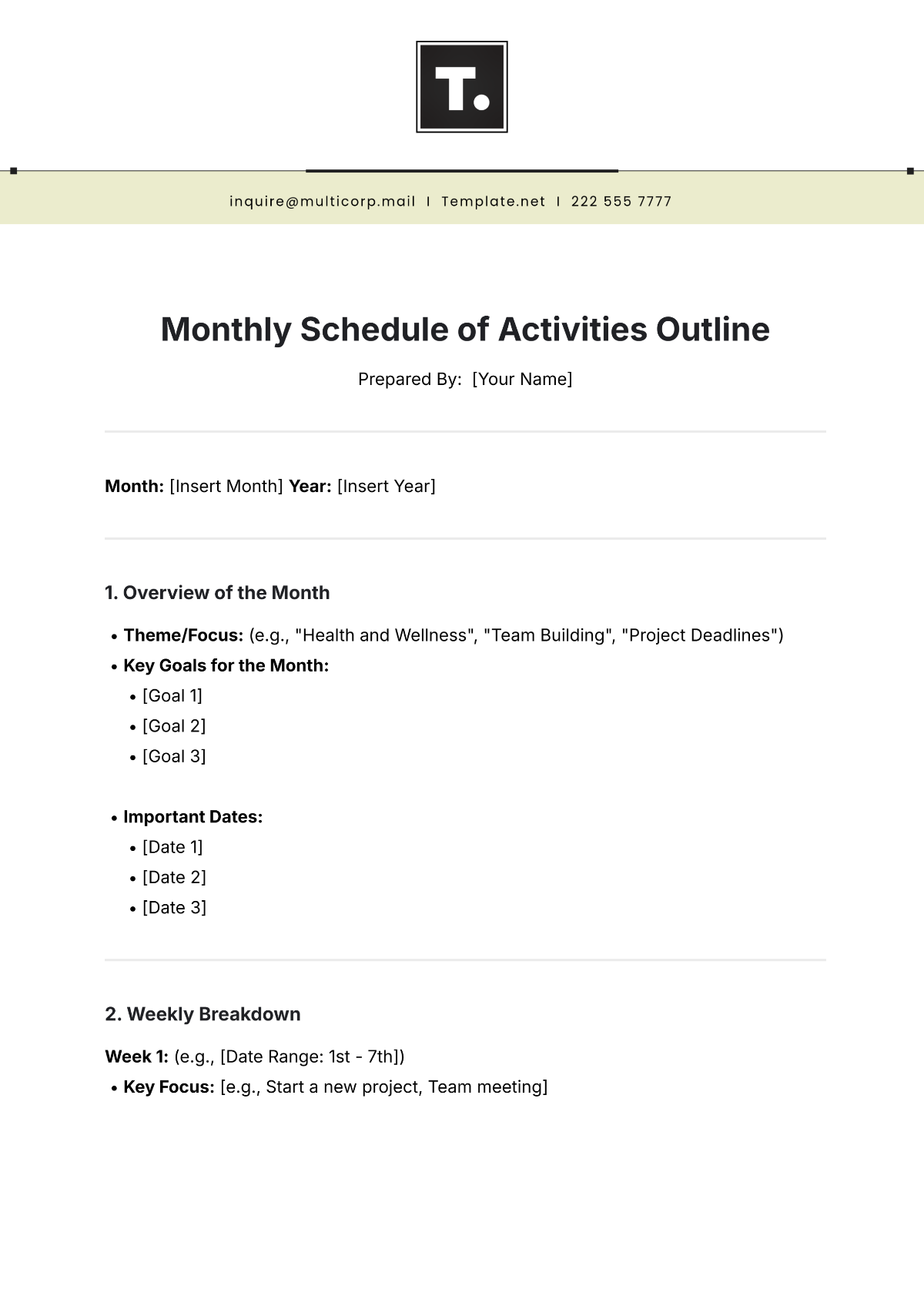 Free Monthly Schedule of Activities Outline Template