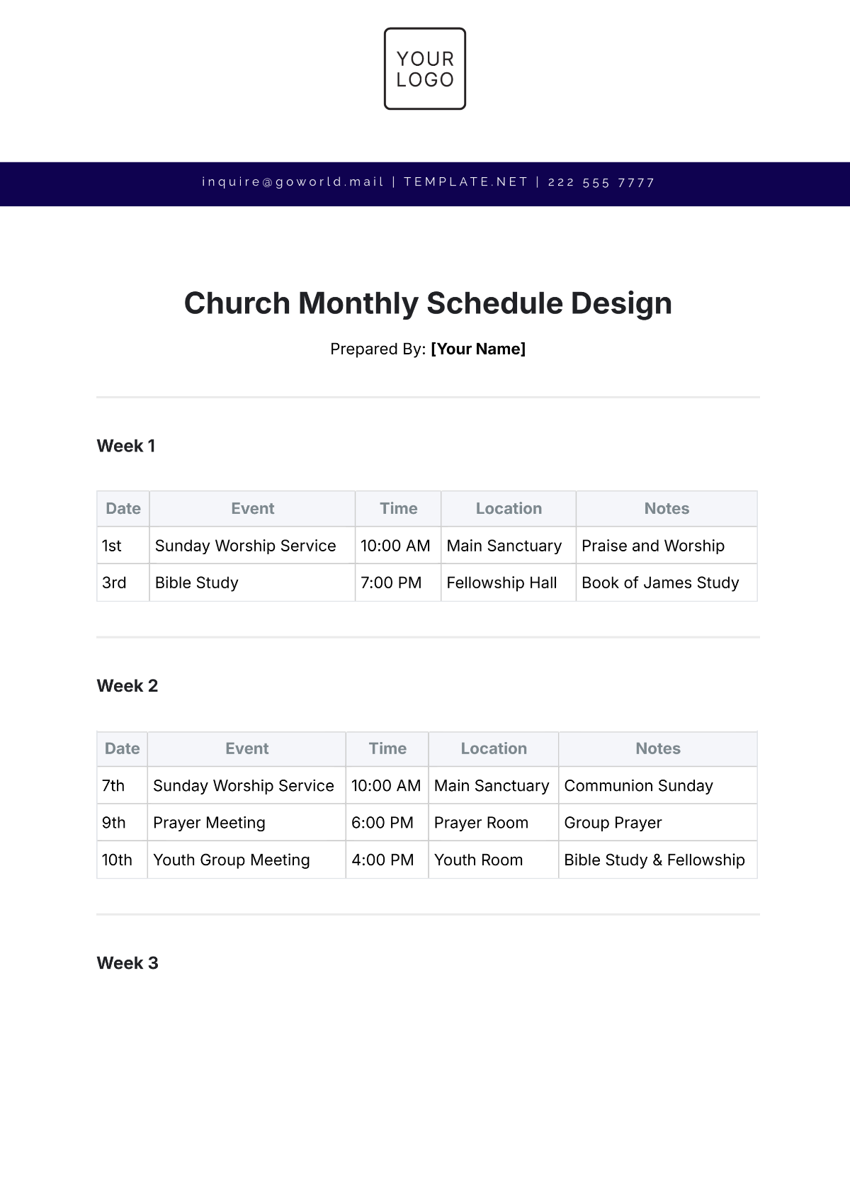 Free Church Monthly Schedule Design Template