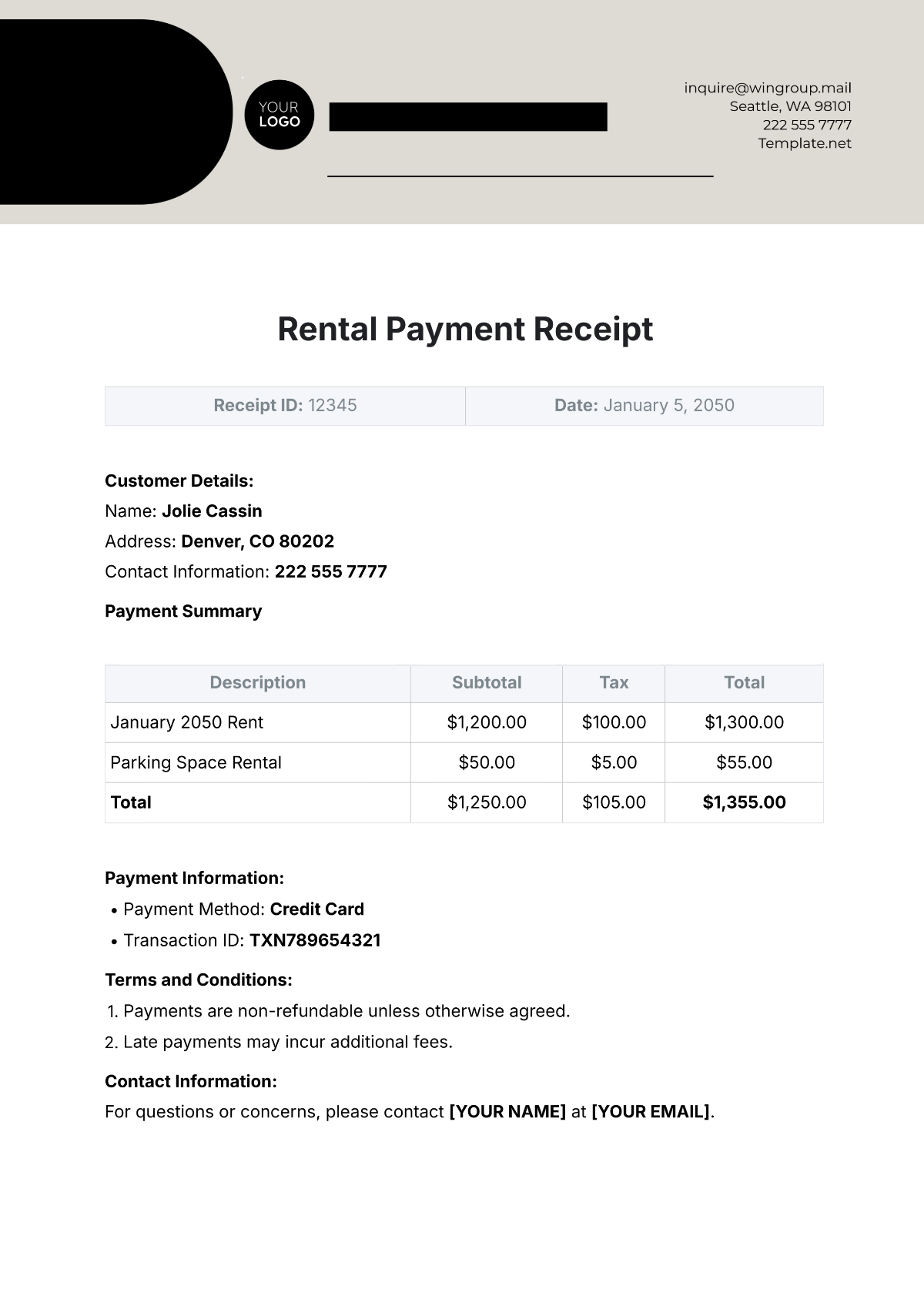 Rental Payment Receipt Template - Edit Online & Download