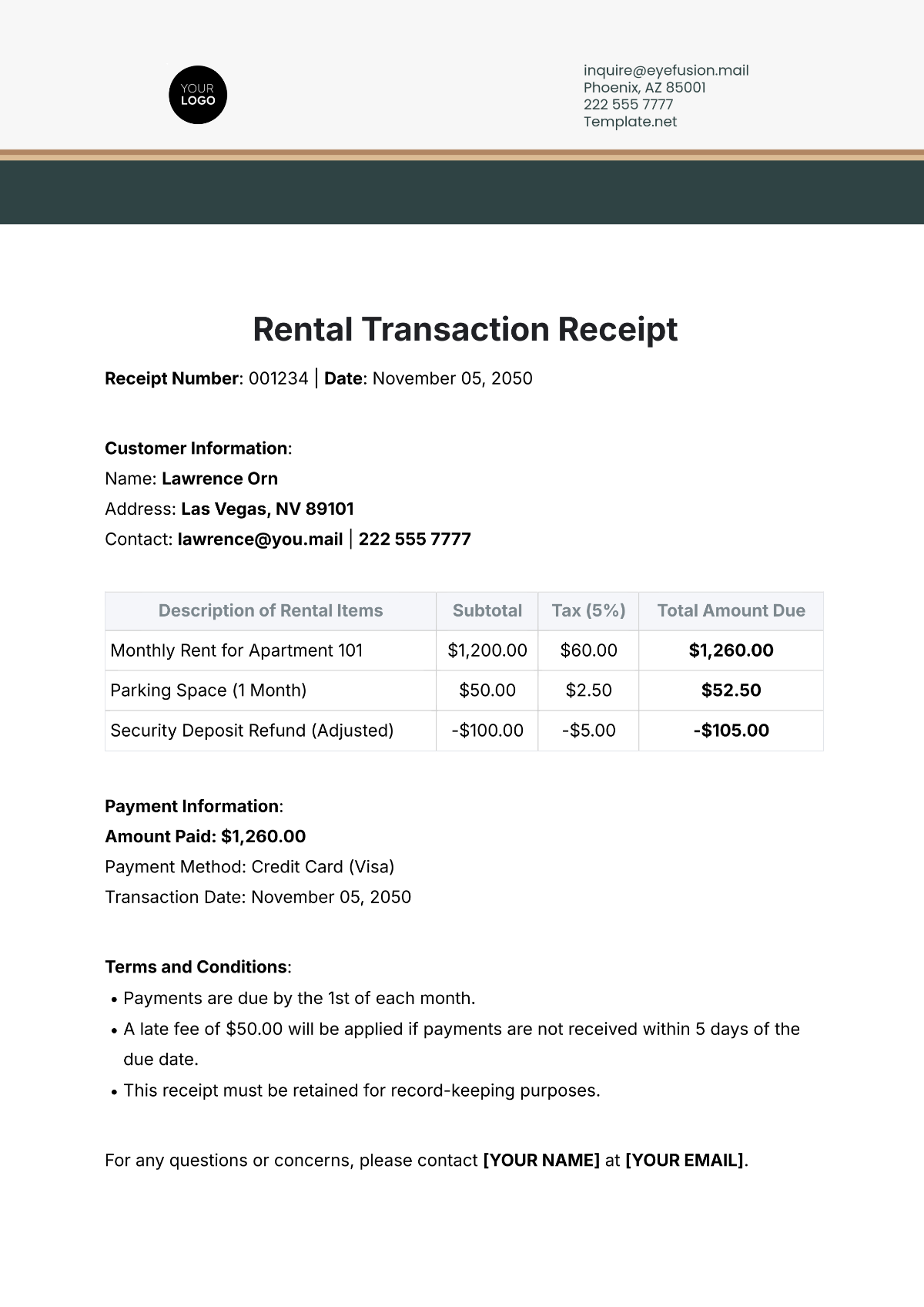 Rental Transaction Receipt Template - Edit Online & Download