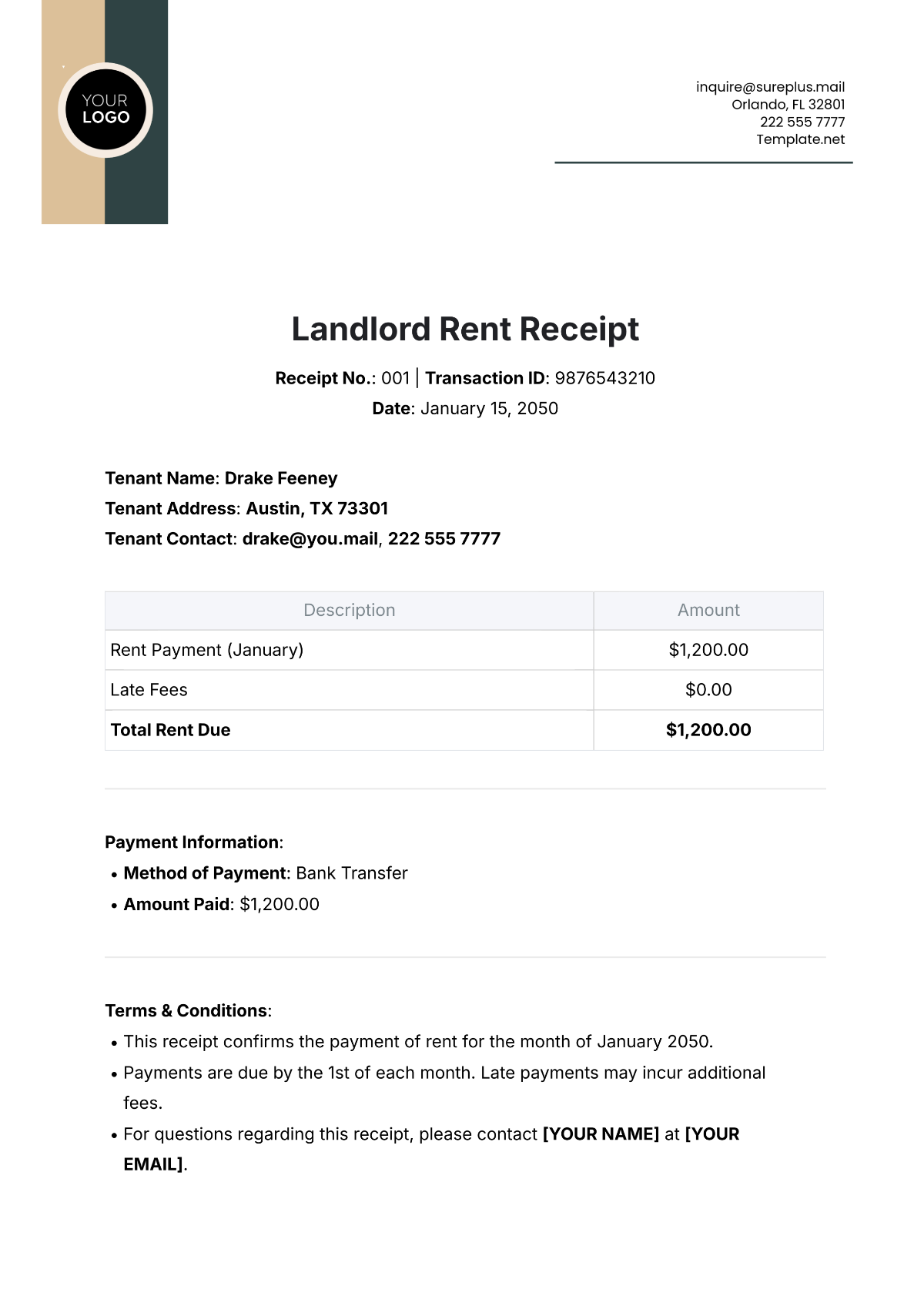 Landlord Rent Receipt Template - Edit Online & Download