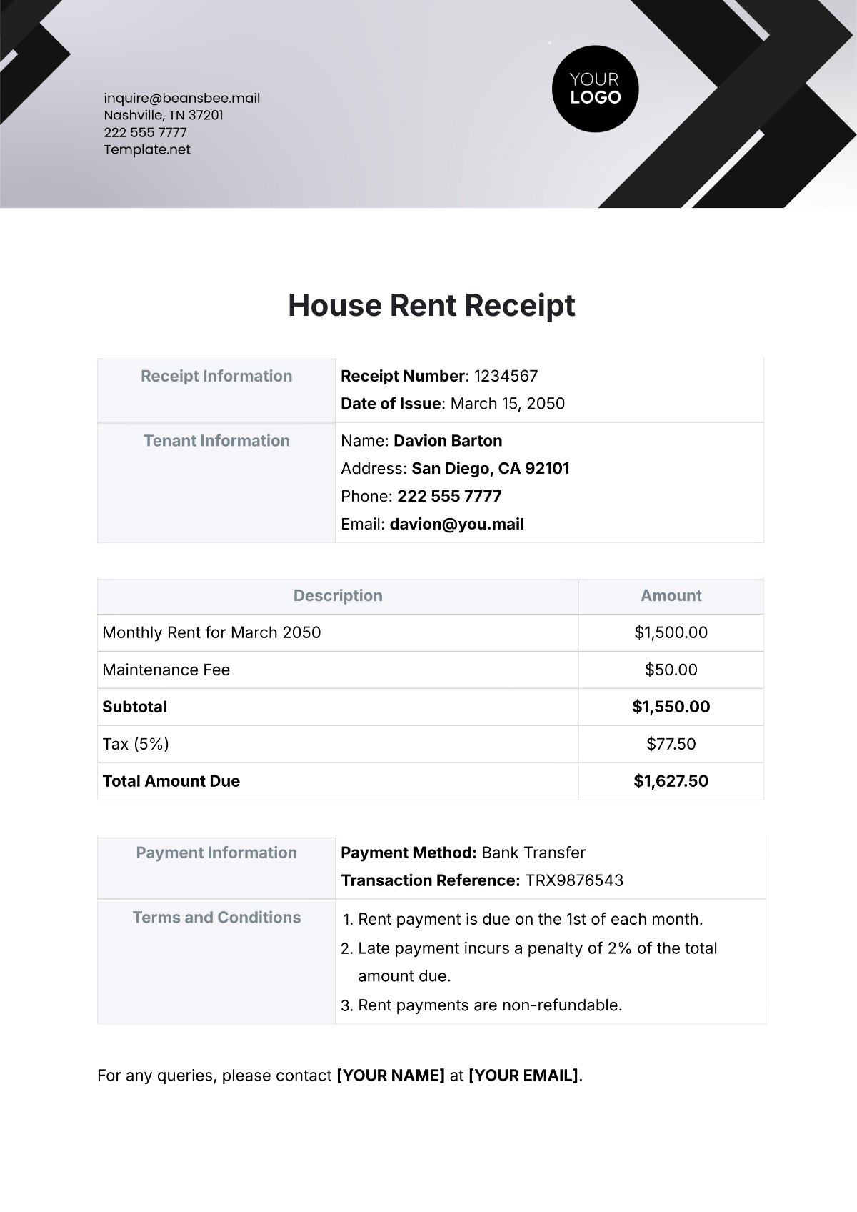 House Rent Receipt Template - Edit Online & Download