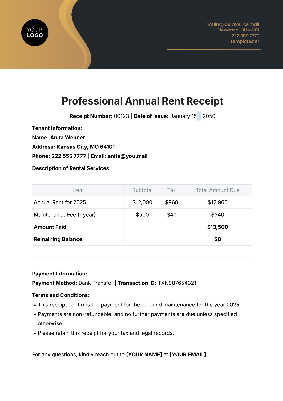 Professional Annual Rent Receipt Template - Edit Online & Download