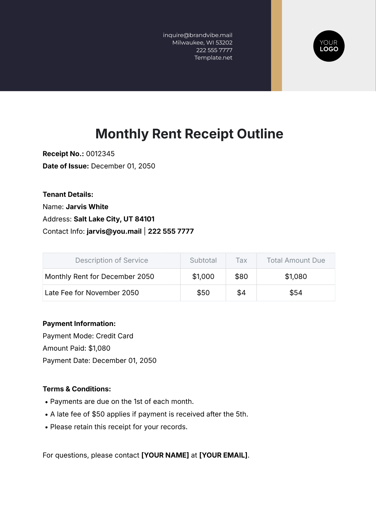 Monthly Rent Receipt Outline Template - Edit Online & Download