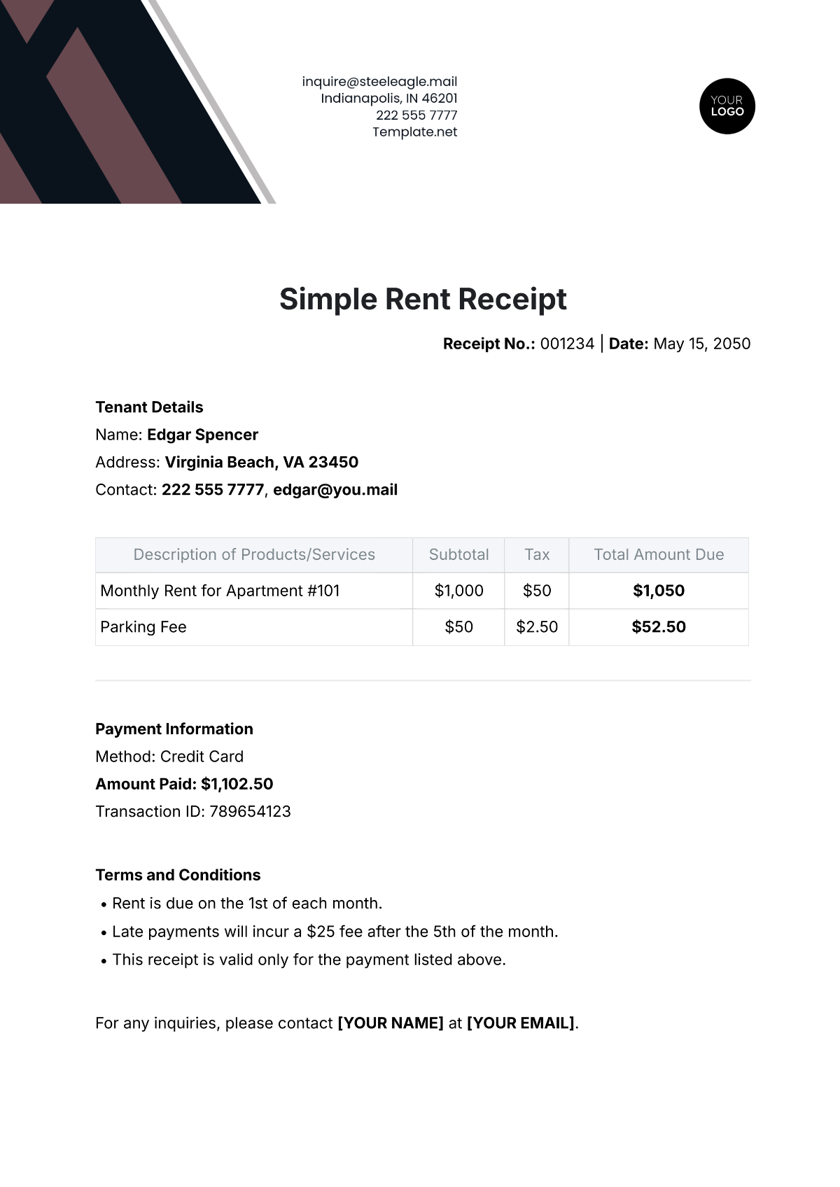 Simple Rent Receipt Template - Edit Online & Download