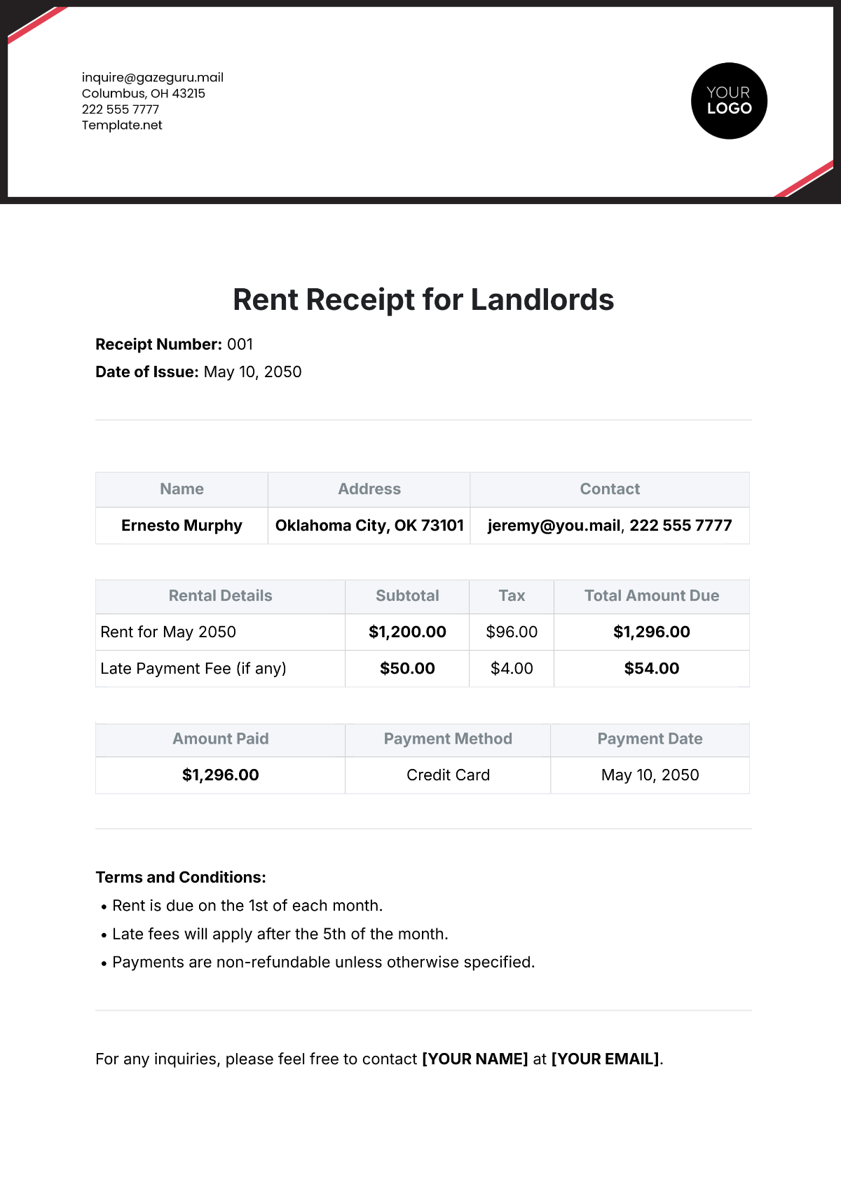 Rent Receipt for Landlords Template - Edit Online & Download