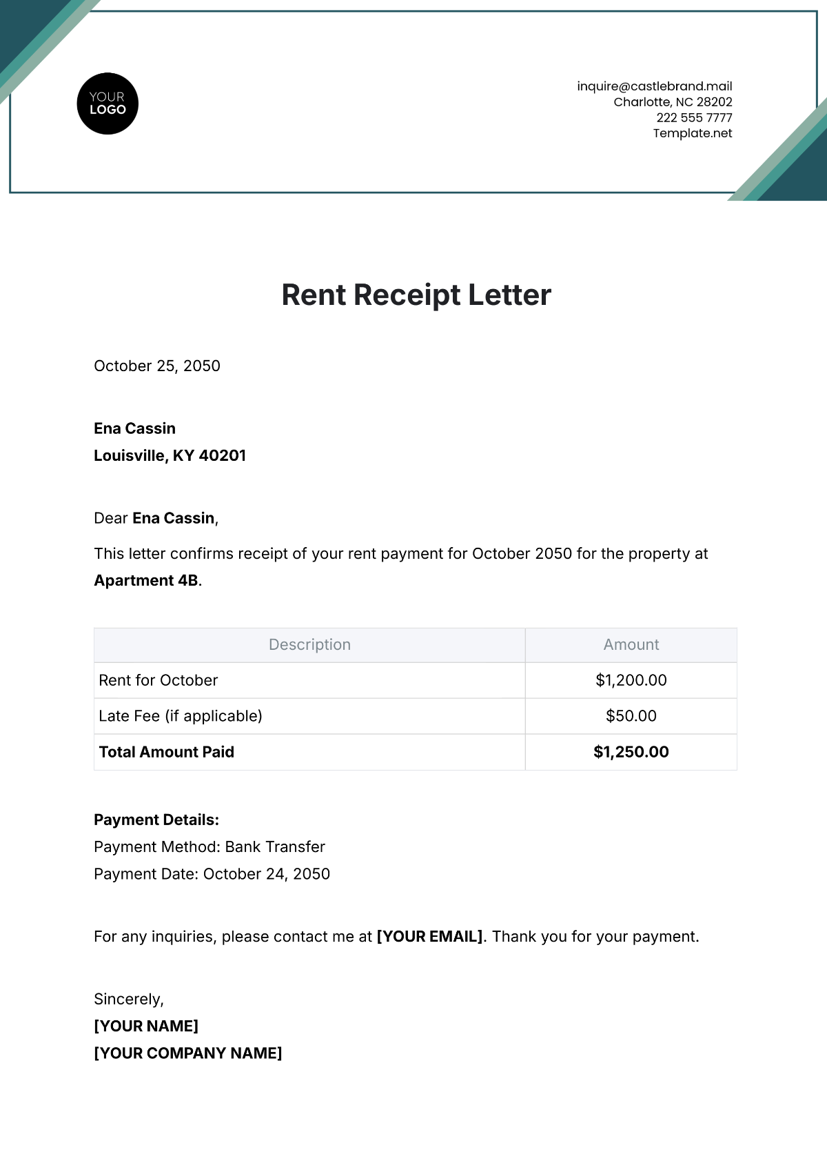 Rent Receipt Letter Template - Edit Online & Download