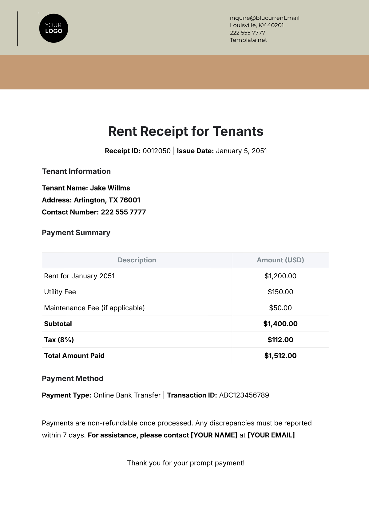 Rent Receipt for Tenants Template - Edit Online & Download