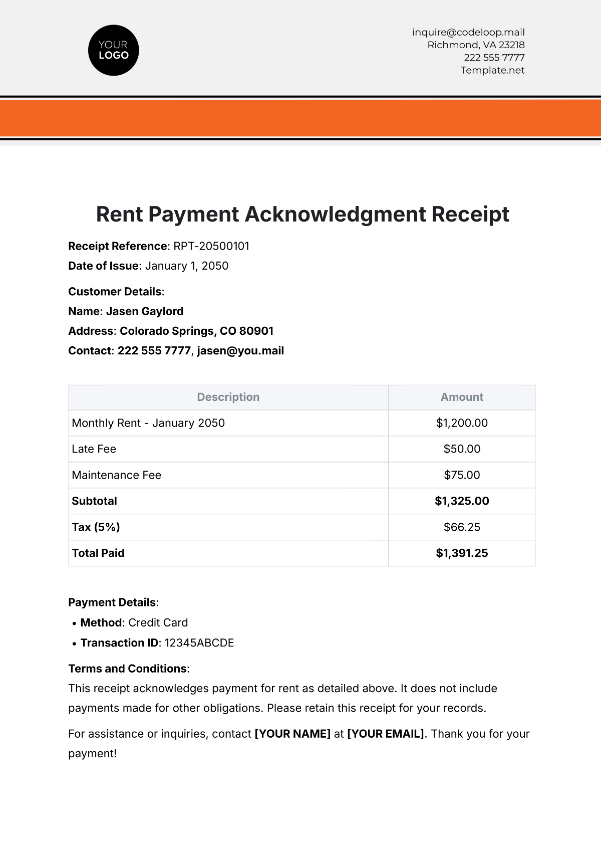 Rent Payment Acknowledgment Receipt Template - Edit Online & Download