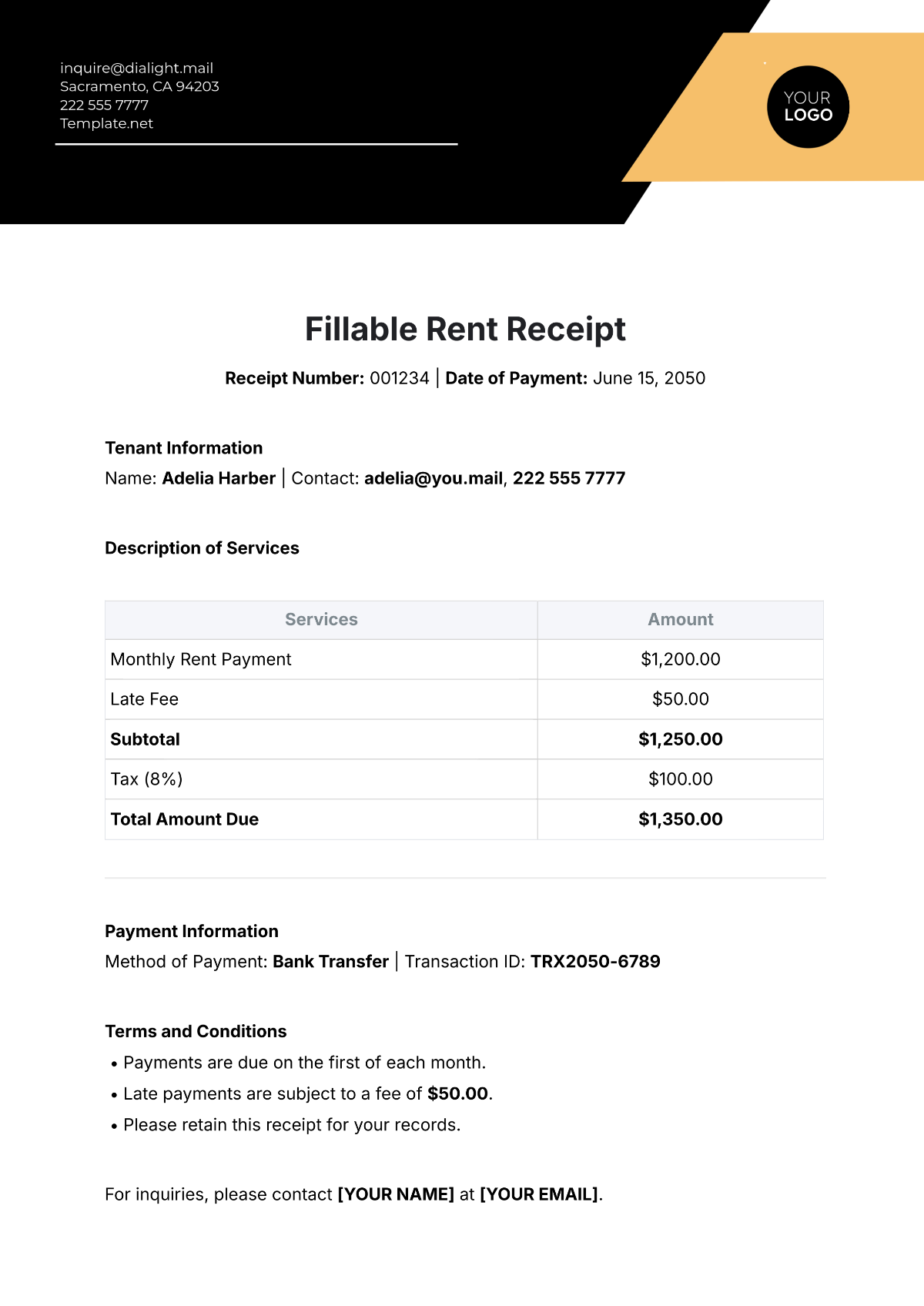 Fillable Rent Receipt Template - Edit Online & Download