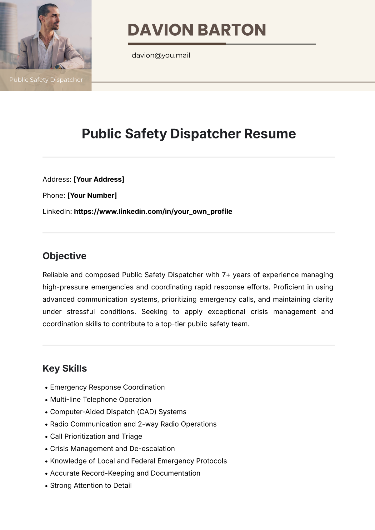 Free Public Safety Dispatcher Resume Template