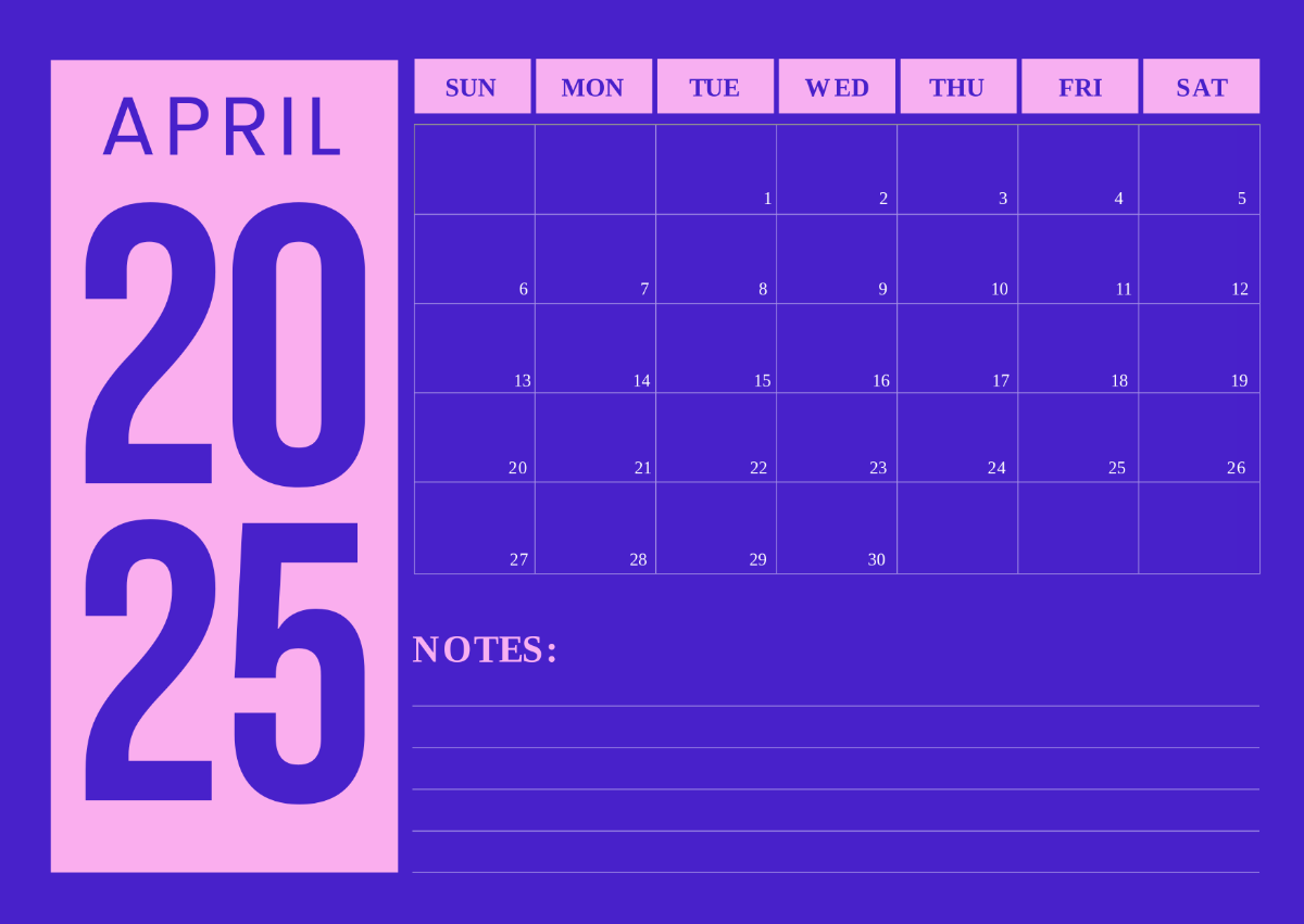 Free April 2025 Monday Start Calendar Template