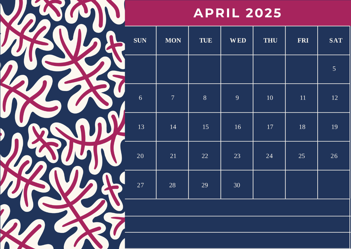 Free April 2025 Calendar Landscape Template