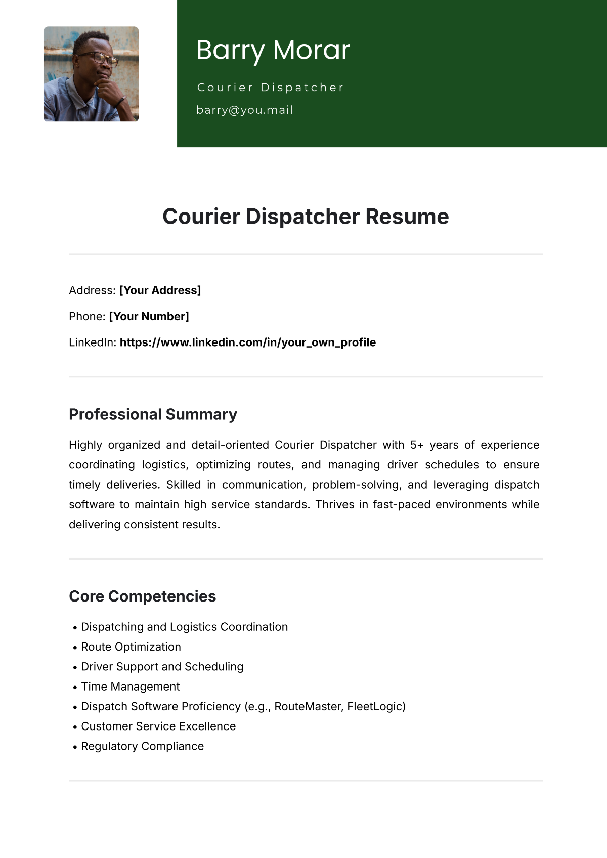 Free Courier Dispatcher Resume Template