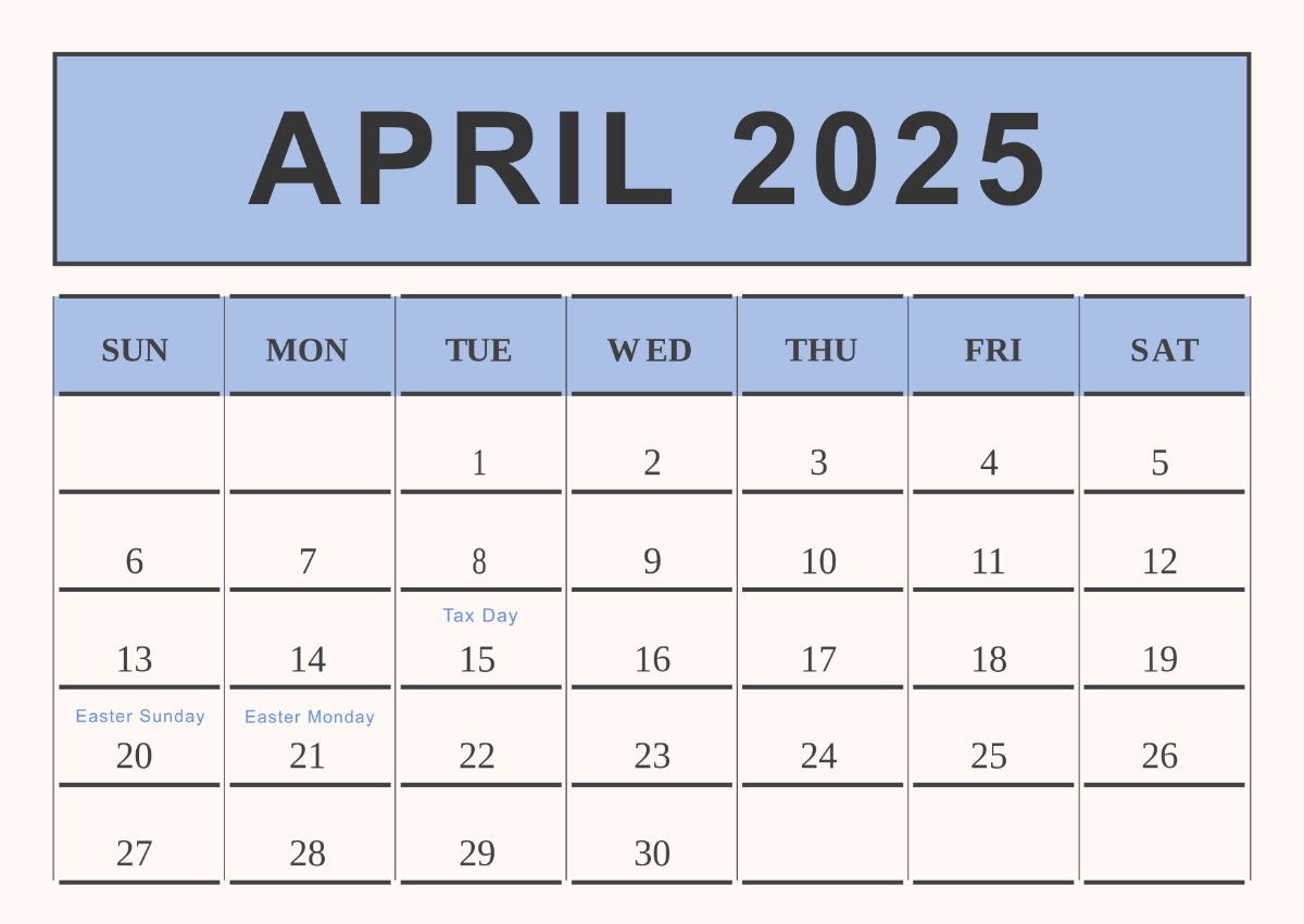 Free April 2025 Calendar with US Holidays Template