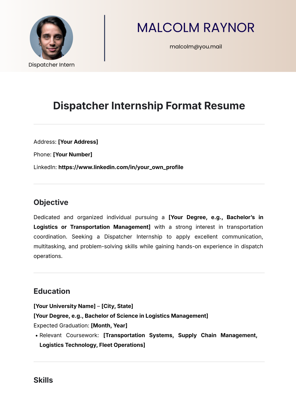 Free Dispatcher Internship Format Resume Template