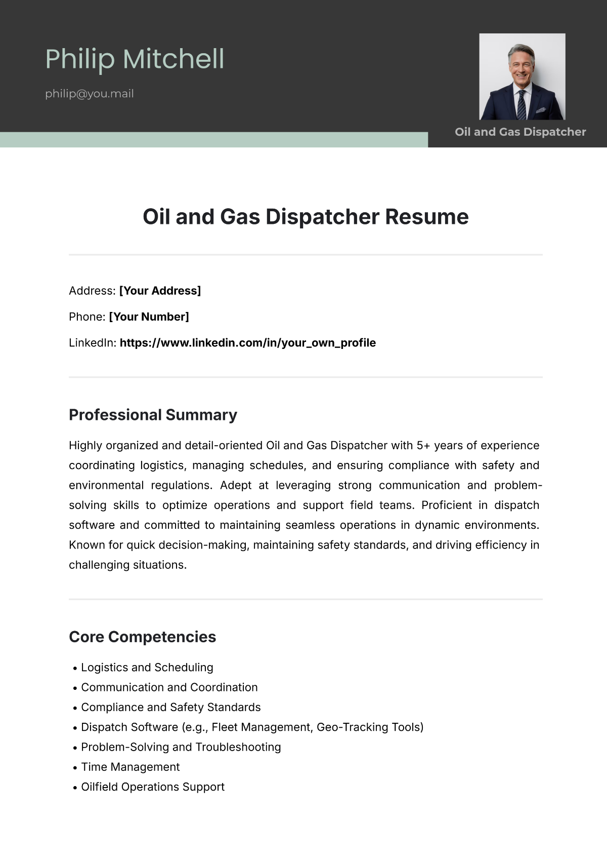 Free Oil and Gas Dispatcher Resume Template