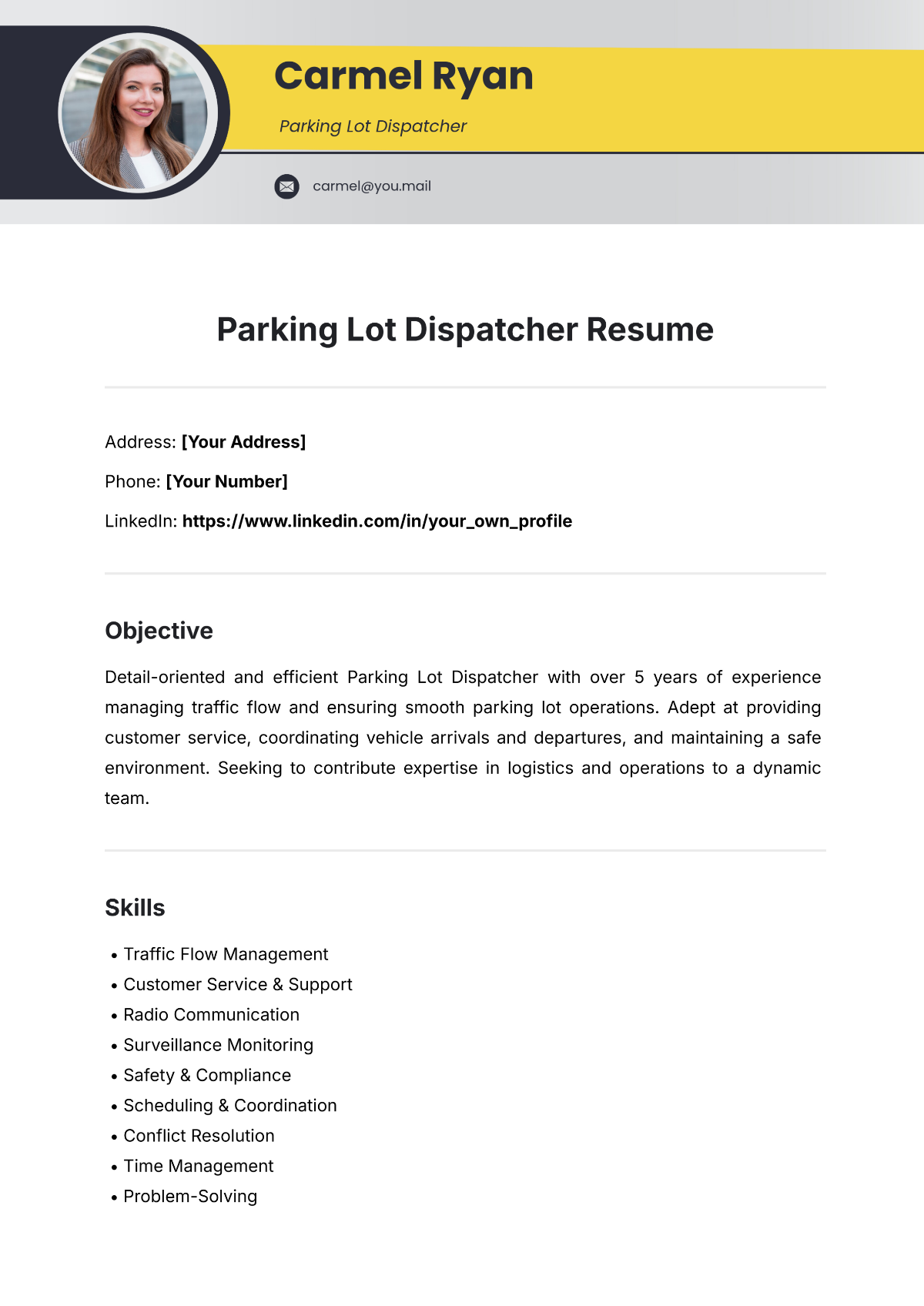 Free Parking Lot Dispatcher Resume Template