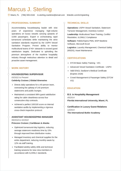 Free Cruise Ship Housekeeping ATS Resume Template, AI Resume Builder