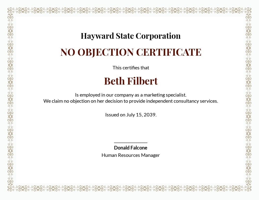 Free No Objection Certificate for Employee Template.jpe