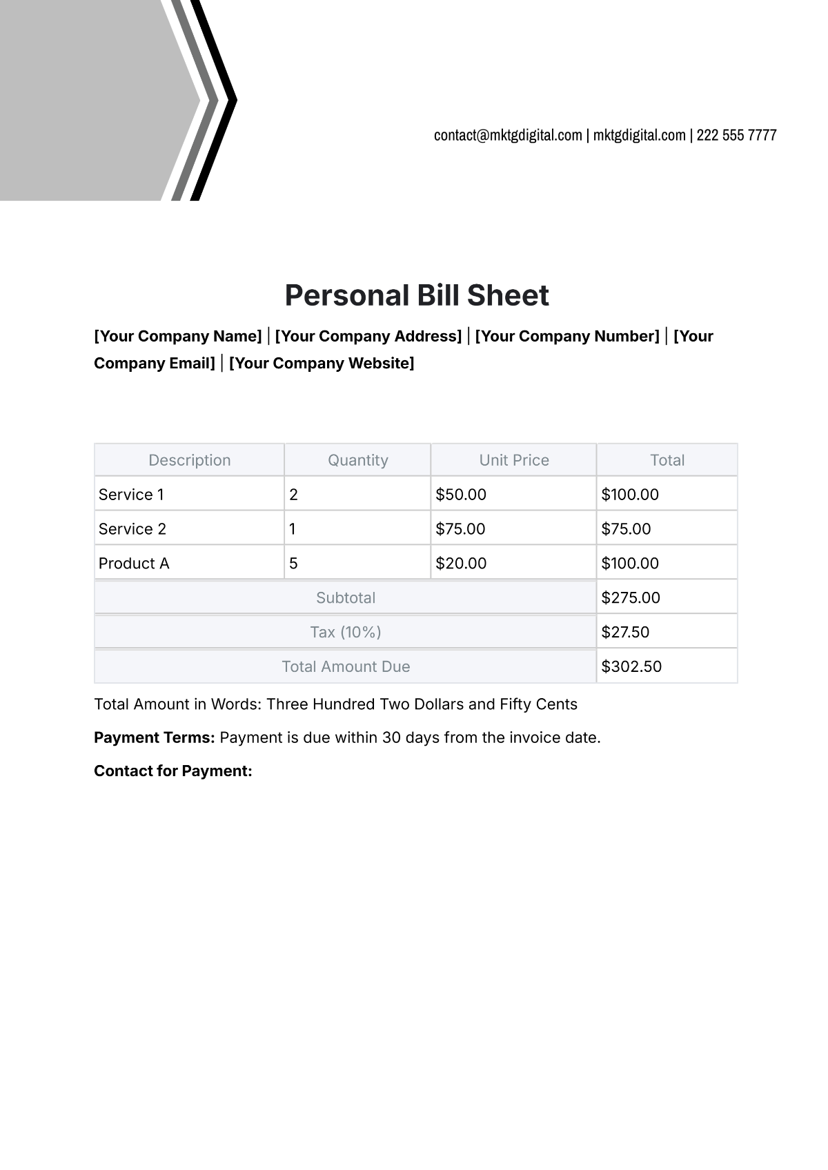 Free Personal Bill Sheet Template