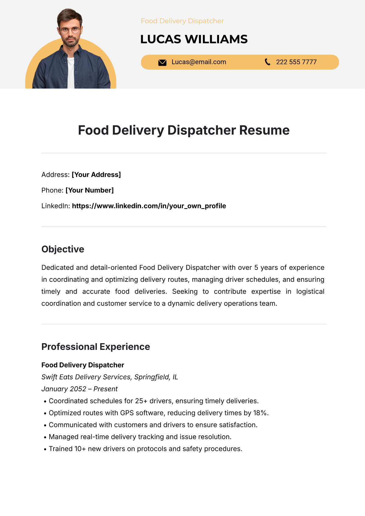 Free Food Delivery Dispatcher Resume Template