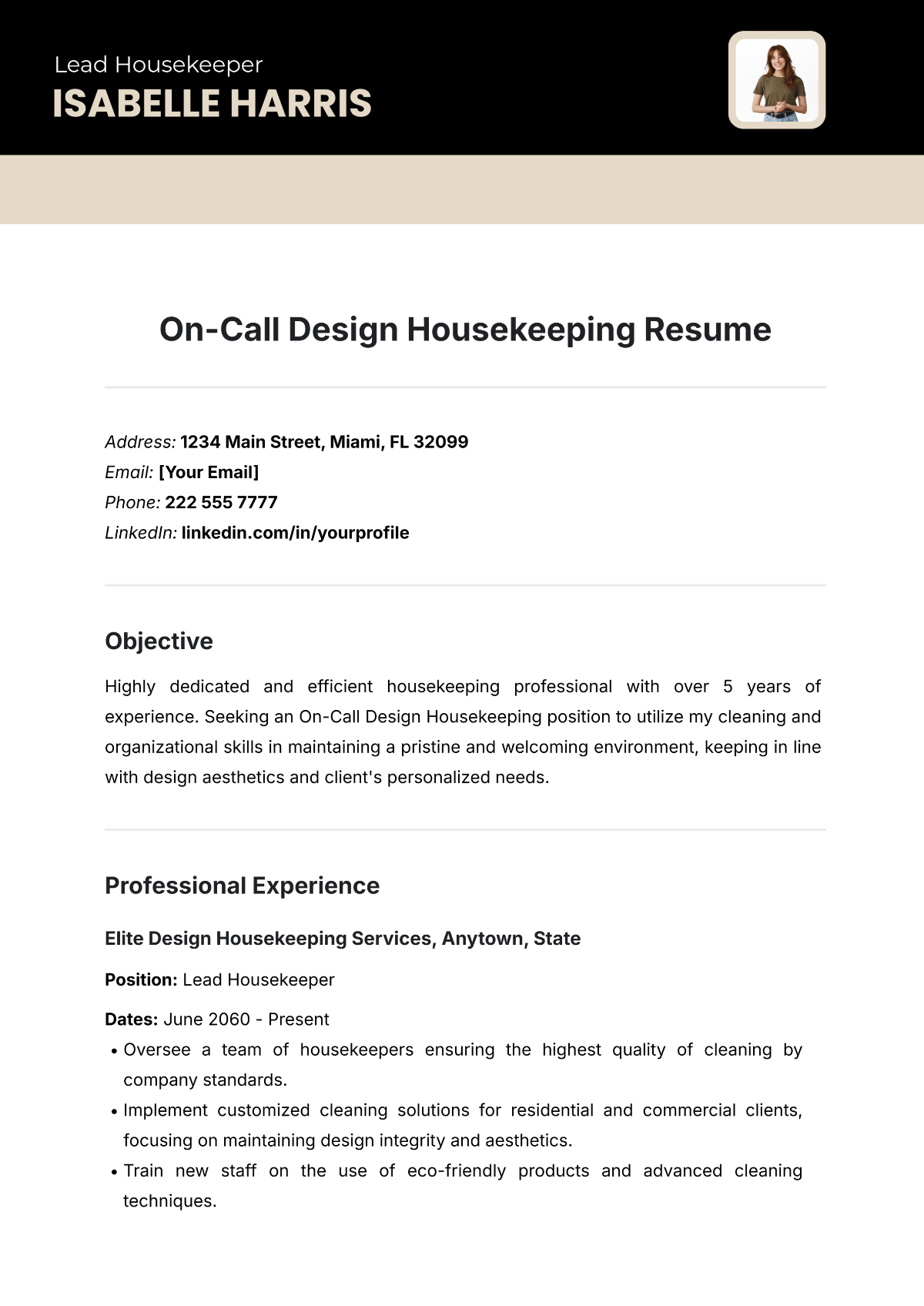 Free On-Call Design Housekeeping Resume Template