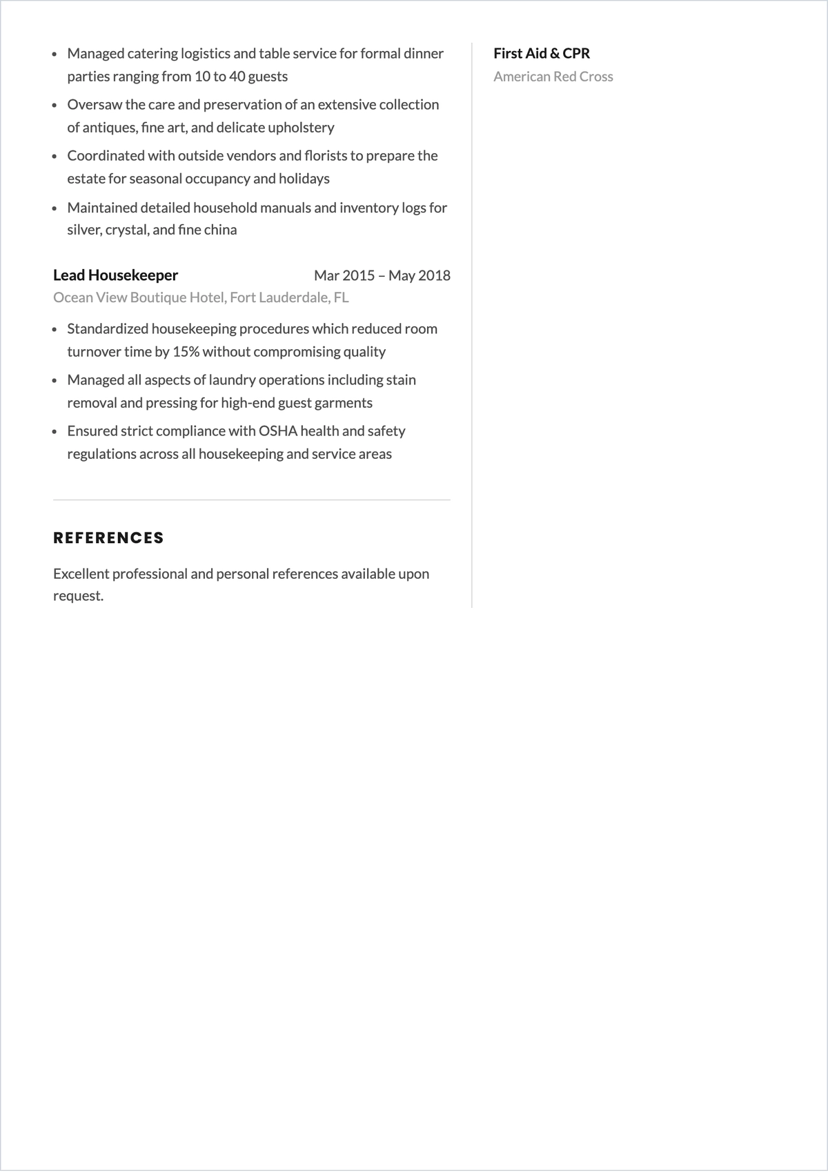 Free Housekeeping with Catering Experience ATS Resume Template