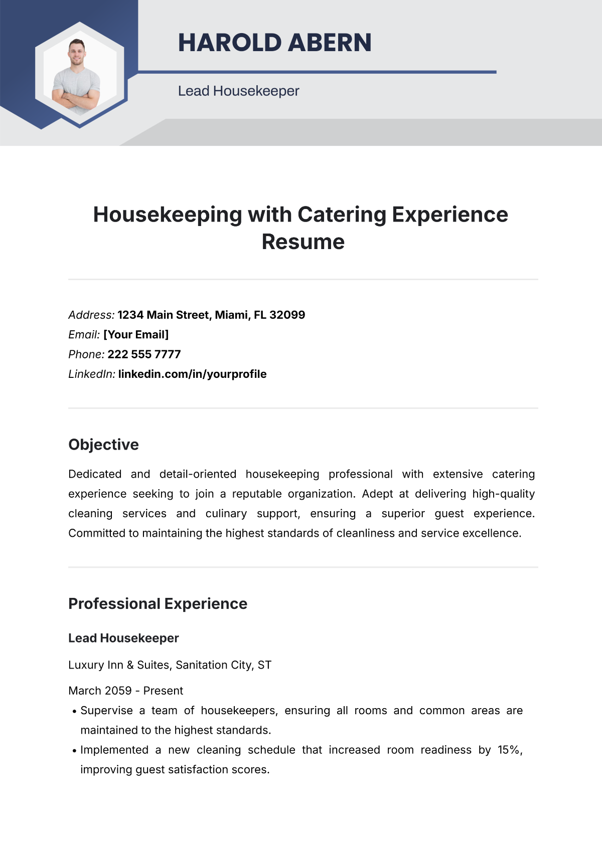 Free Housekeeping with Catering Experience Resume Template