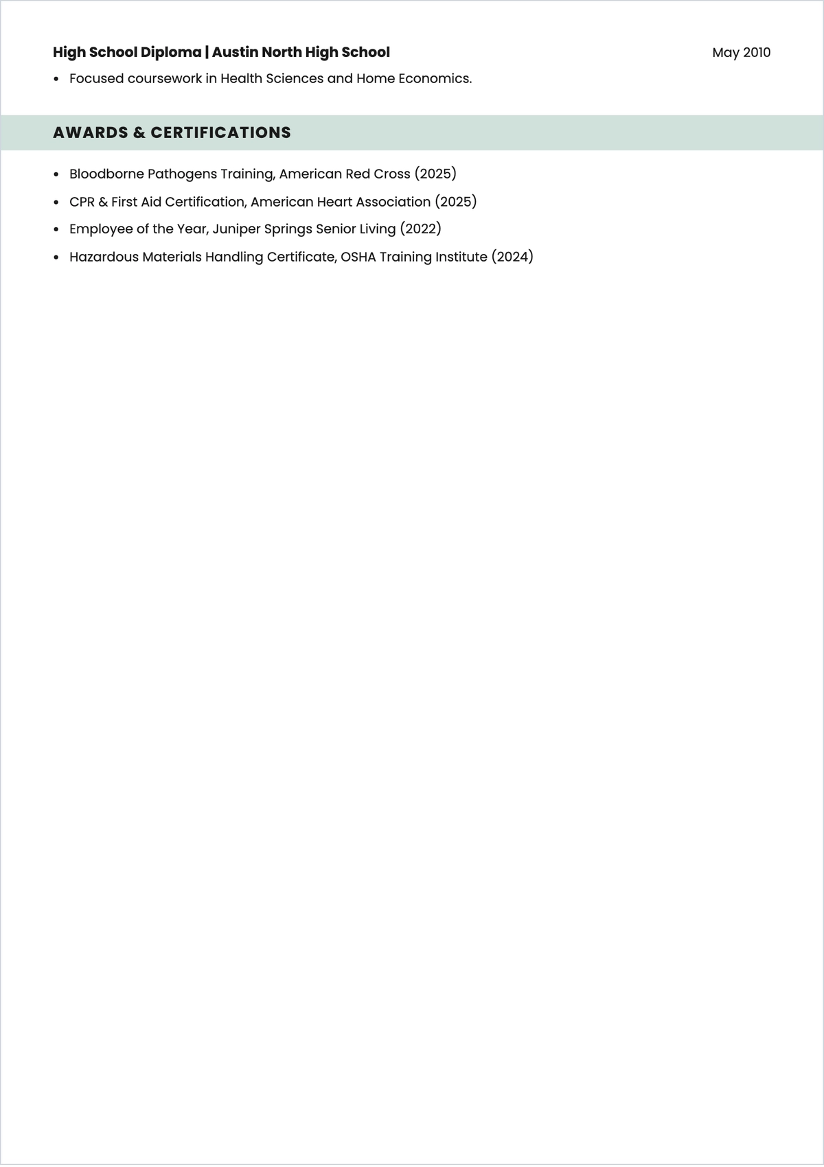 Free Housekeeping for Elderly Care Homes ATS Resume Template