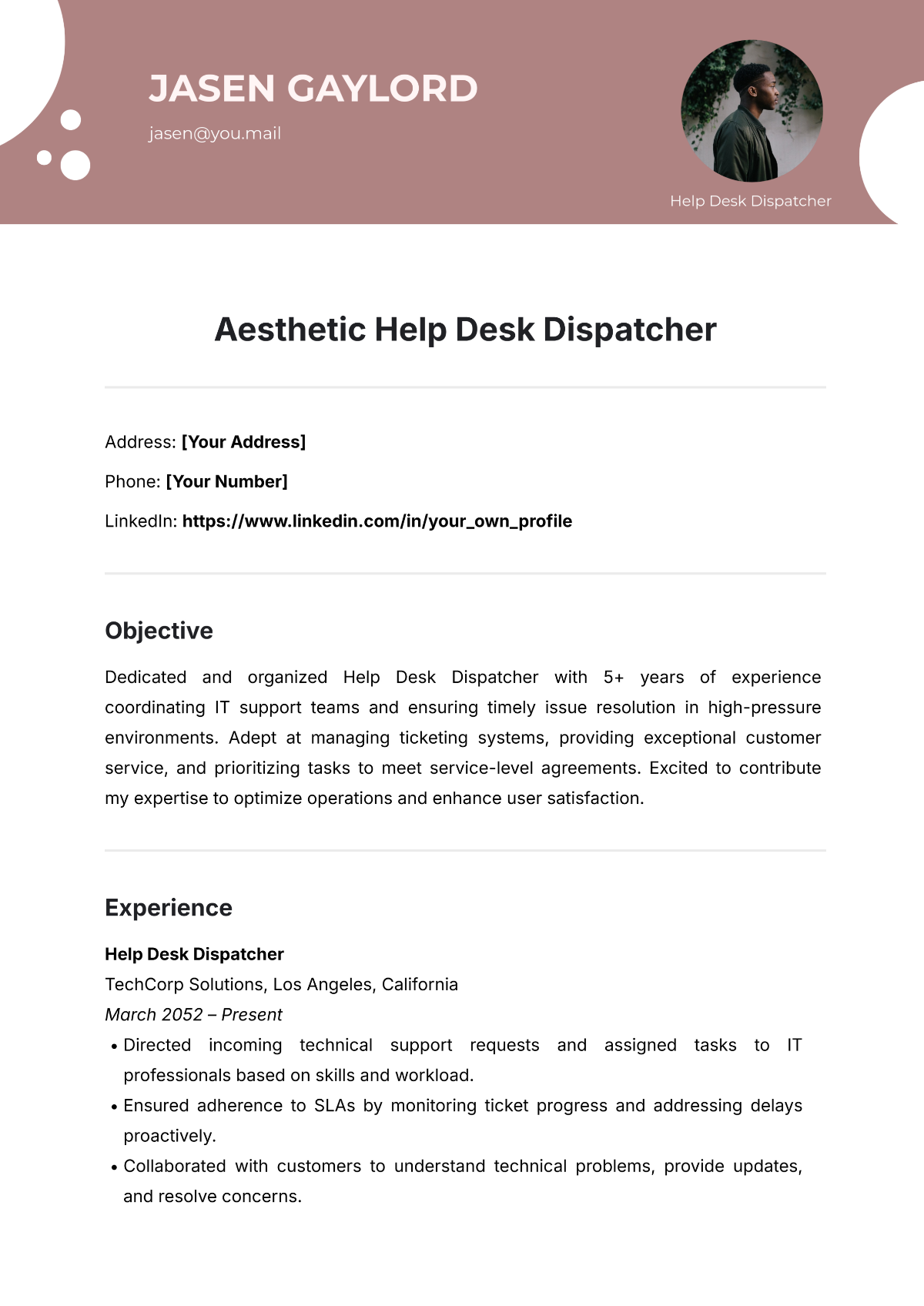 Free Aesthetic Help Desk Dispatcher Template