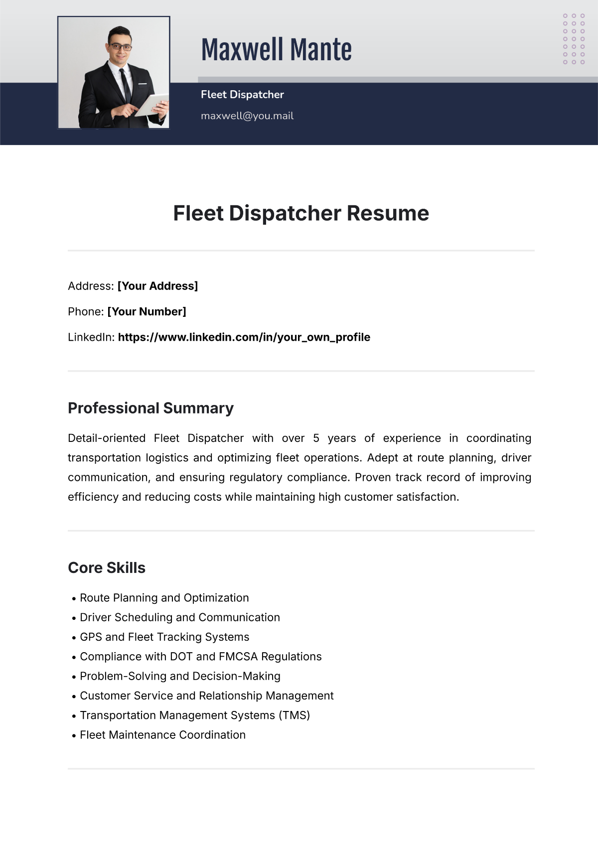 Free Fleet Dispatcher Resume Template