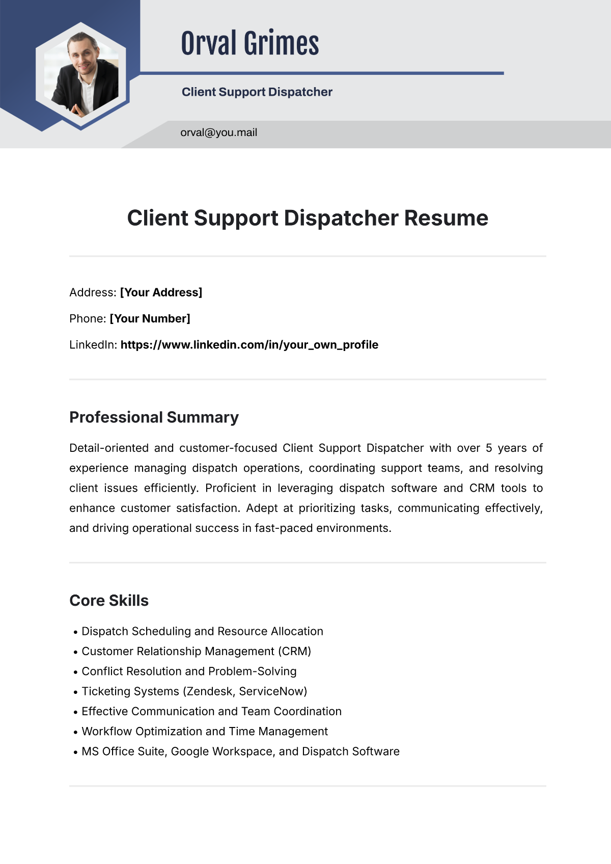 Free Client Support Dispatcher Resume Template