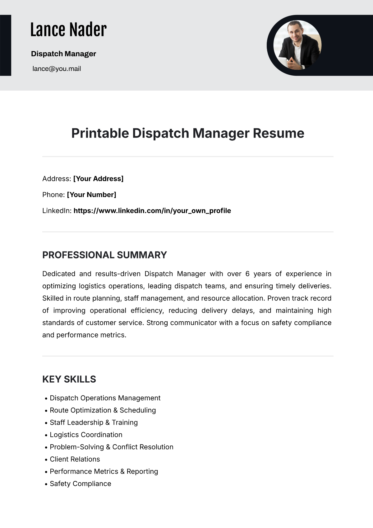 Free Printable Dispatch Manager Resume Template