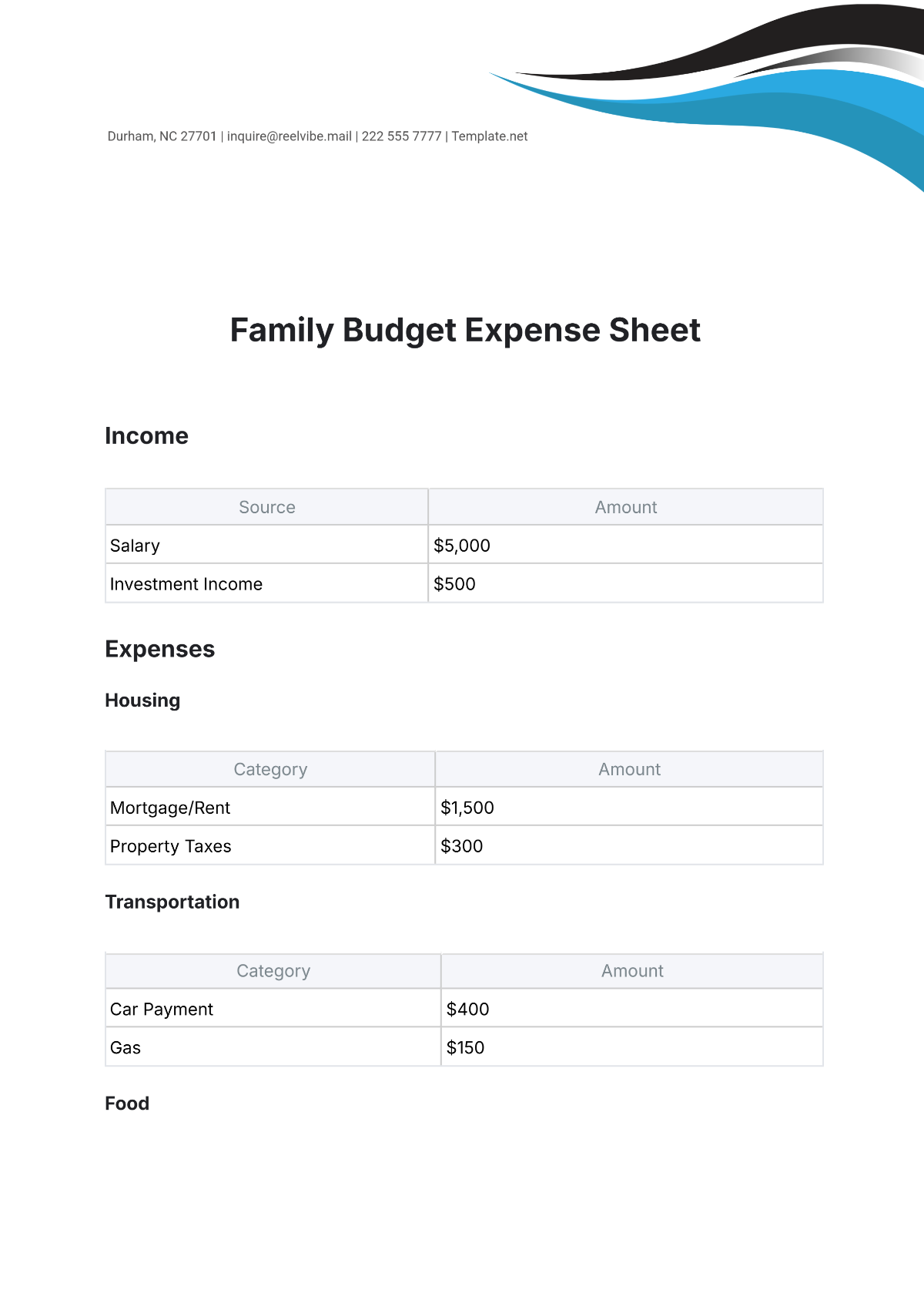 Free Family Budget Expense Sheet Template