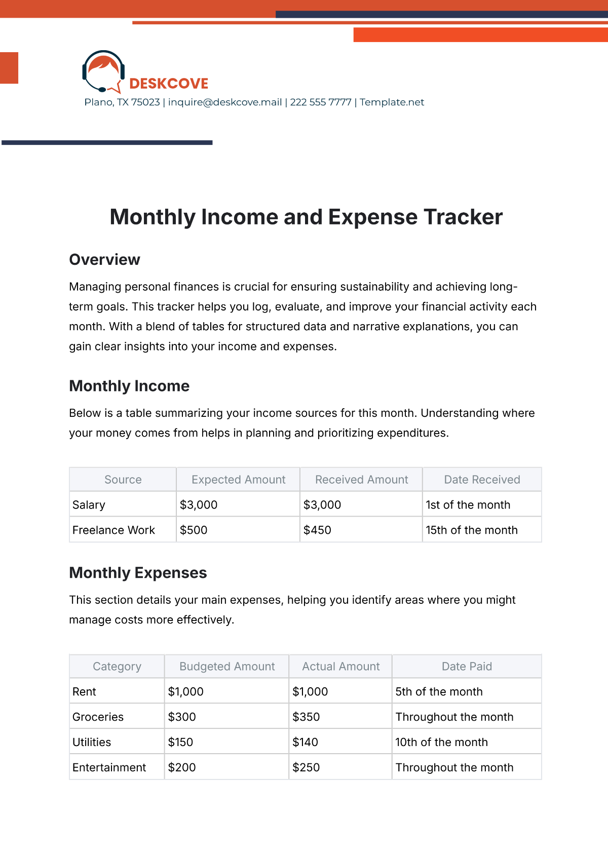 Free Monthly Income and Expense Tracker Template