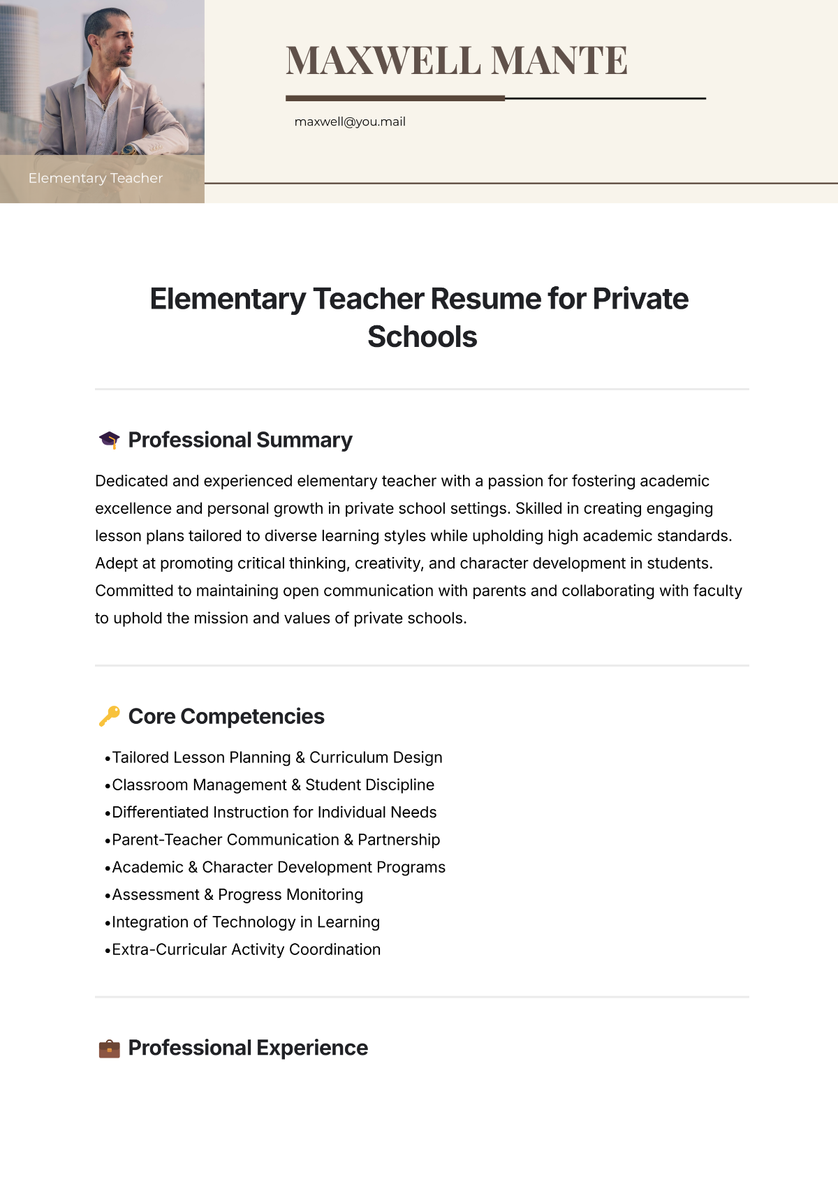 Free Elementary Teacher Resume for Private Schools Template