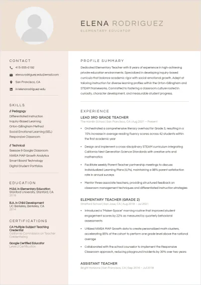 Free Elementary Teacher ATS Resume Template, AI Resume Builder