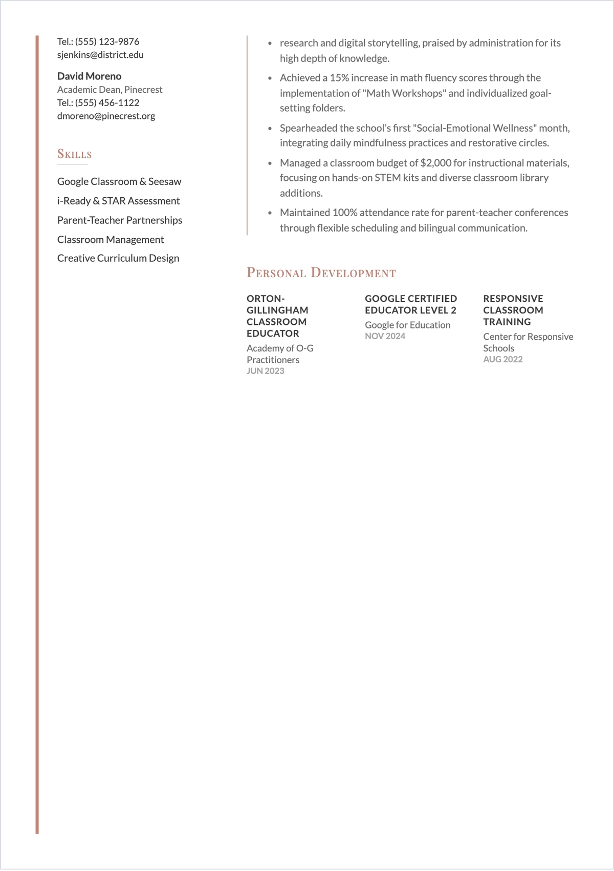 Free Sample Early Childhood Elementary Teacher ATS Resume Template