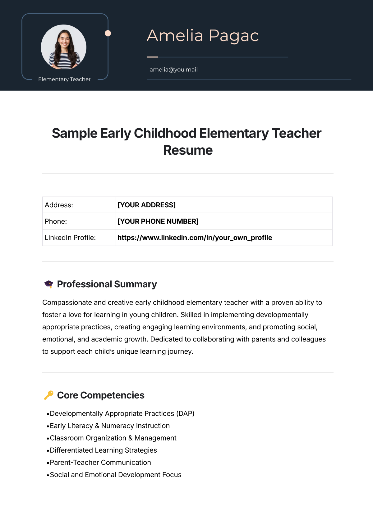 Free Sample Early Childhood Elementary Teacher Resume Template