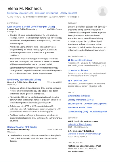 Free Elementary Teacher ATS Resume Template, AI Resume Builder